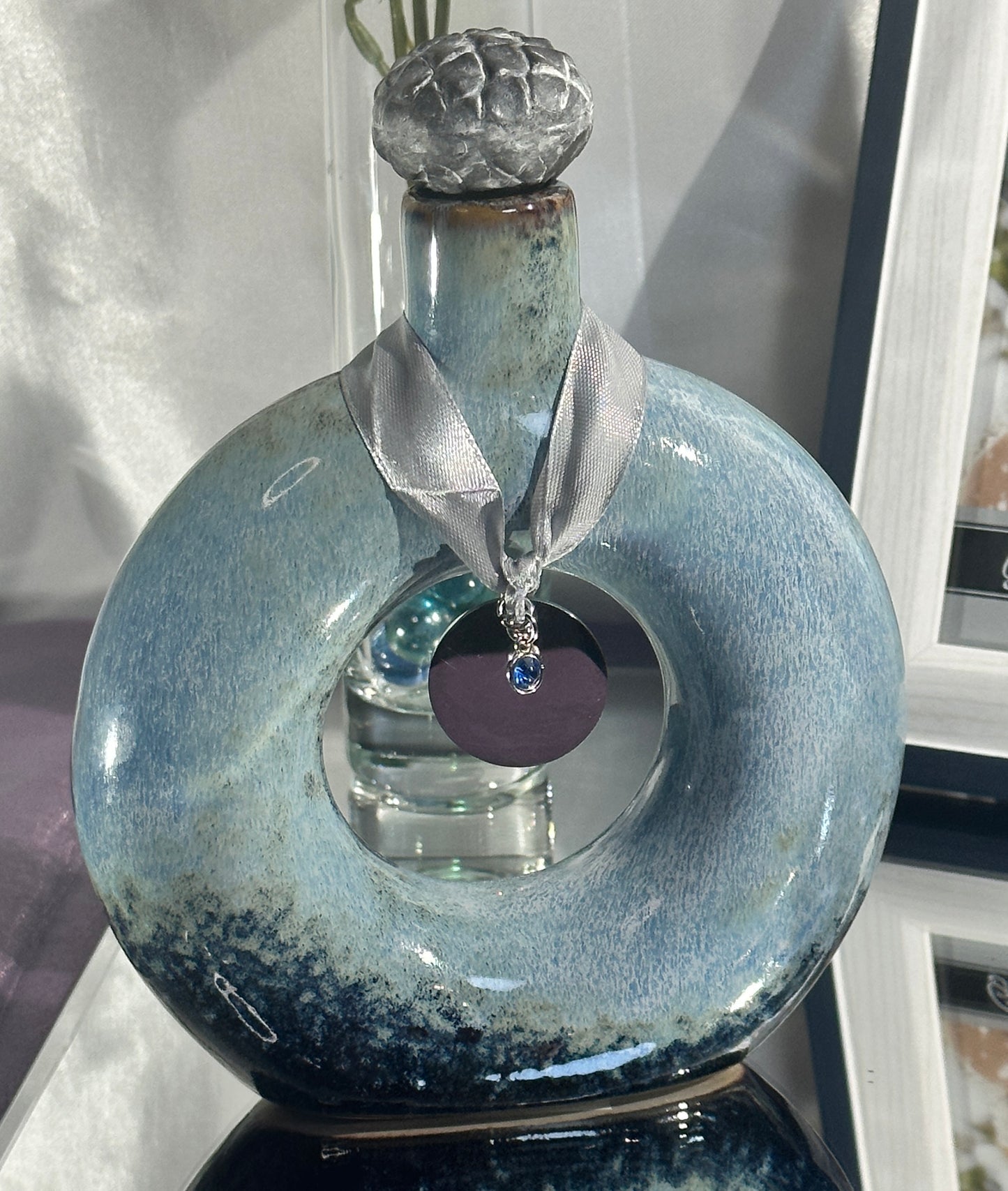 Blue Ceramic Ash Urn Set - Mirror, Engraved Plaque, 4x6 Picture Frame, Engraved Charm with Birthstone, Floral Arrangement with Vase, Candle and Holder Cremation Memorial for Human Ashes