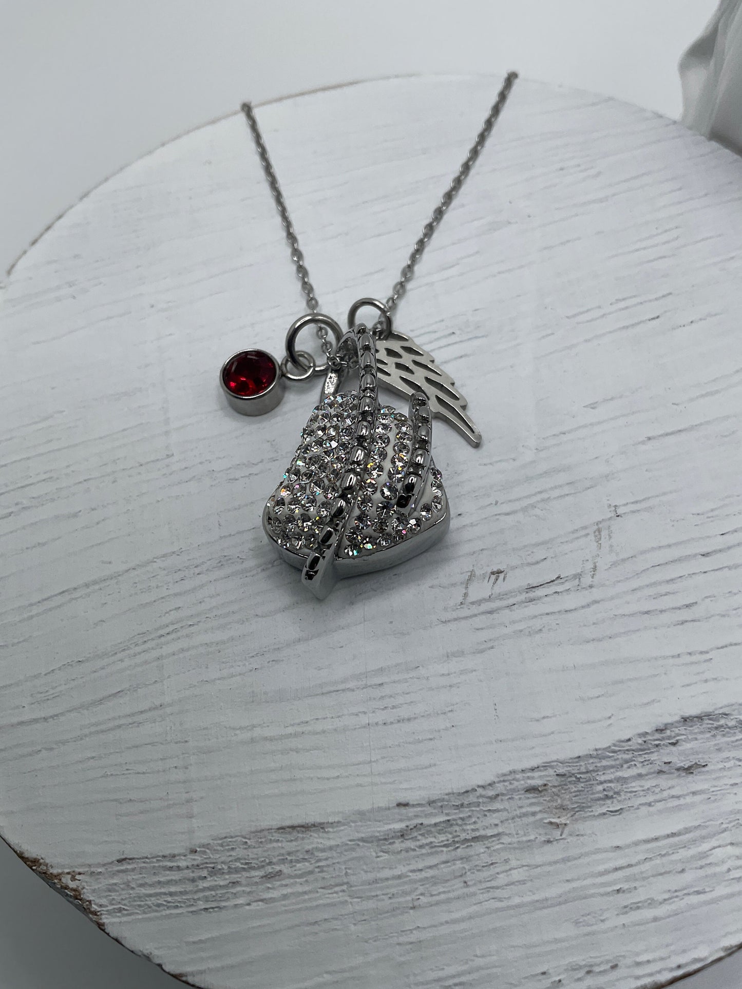 Silver Heart with Rhinestones Ash Urn Necklace Charm Birthstone with Personalization for Male or Female Funeral Memorial