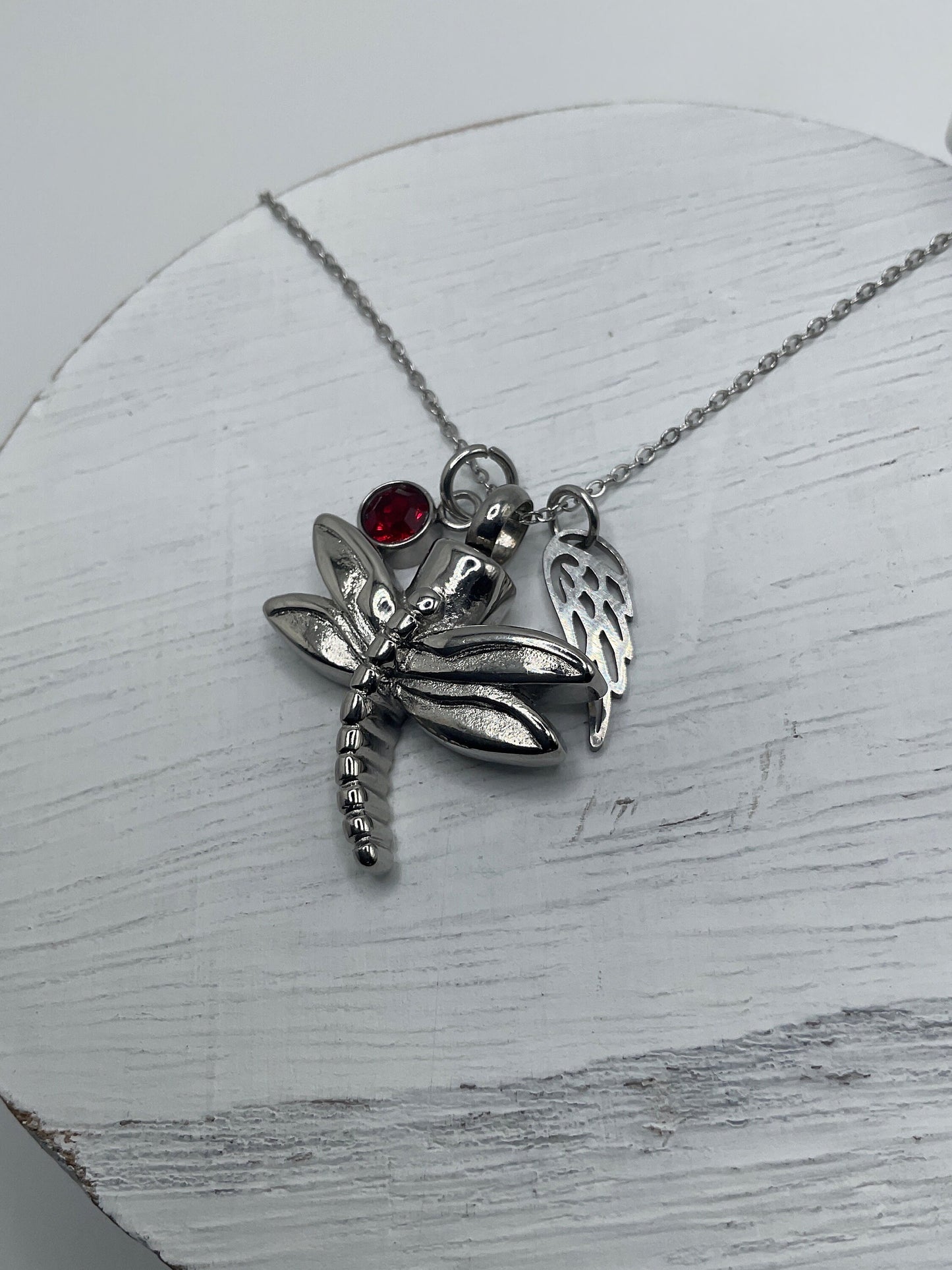 Silver Dragon Fly Ash Urn Necklace Charm Birthstone with Personalization for Male or Female Funeral Memorial