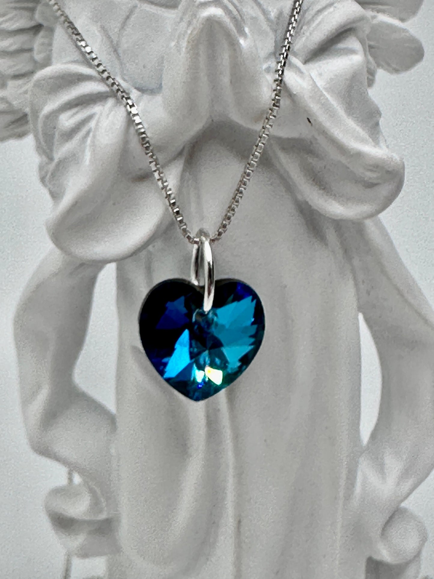 Swarovski Teal / Green Heart Pendant Necklace on 18” Sterling Silver Chain