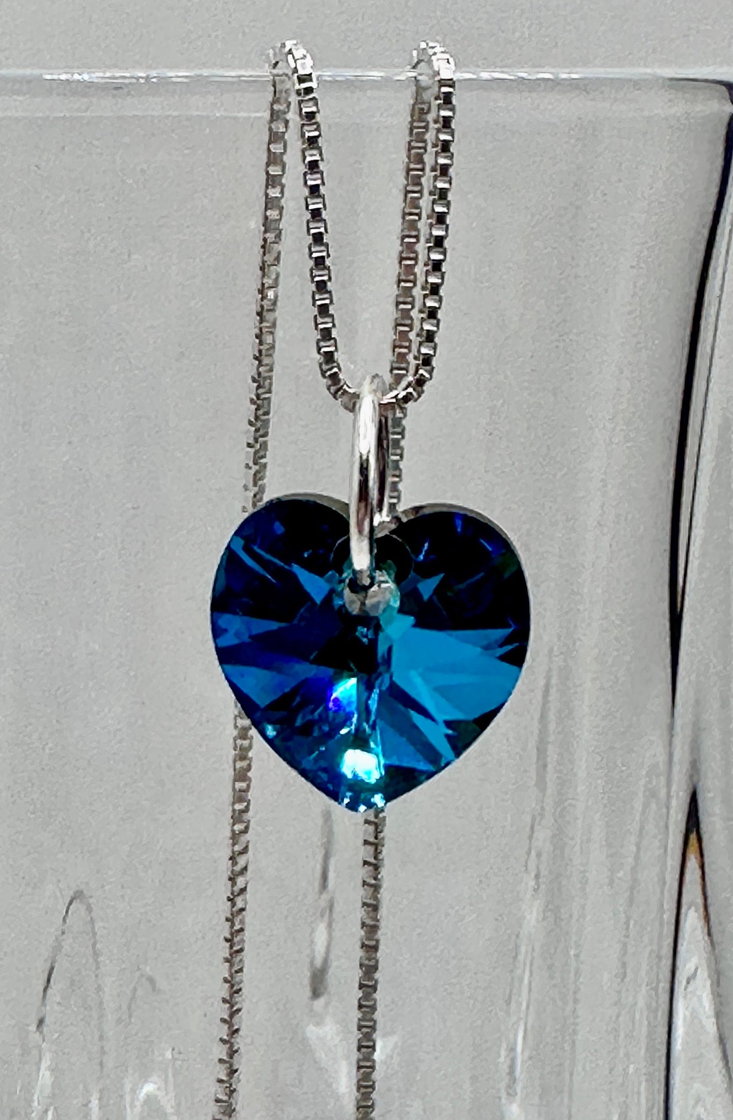 Swarovski Teal / Green Heart Pendant Necklace on 18” Sterling Silver Chain