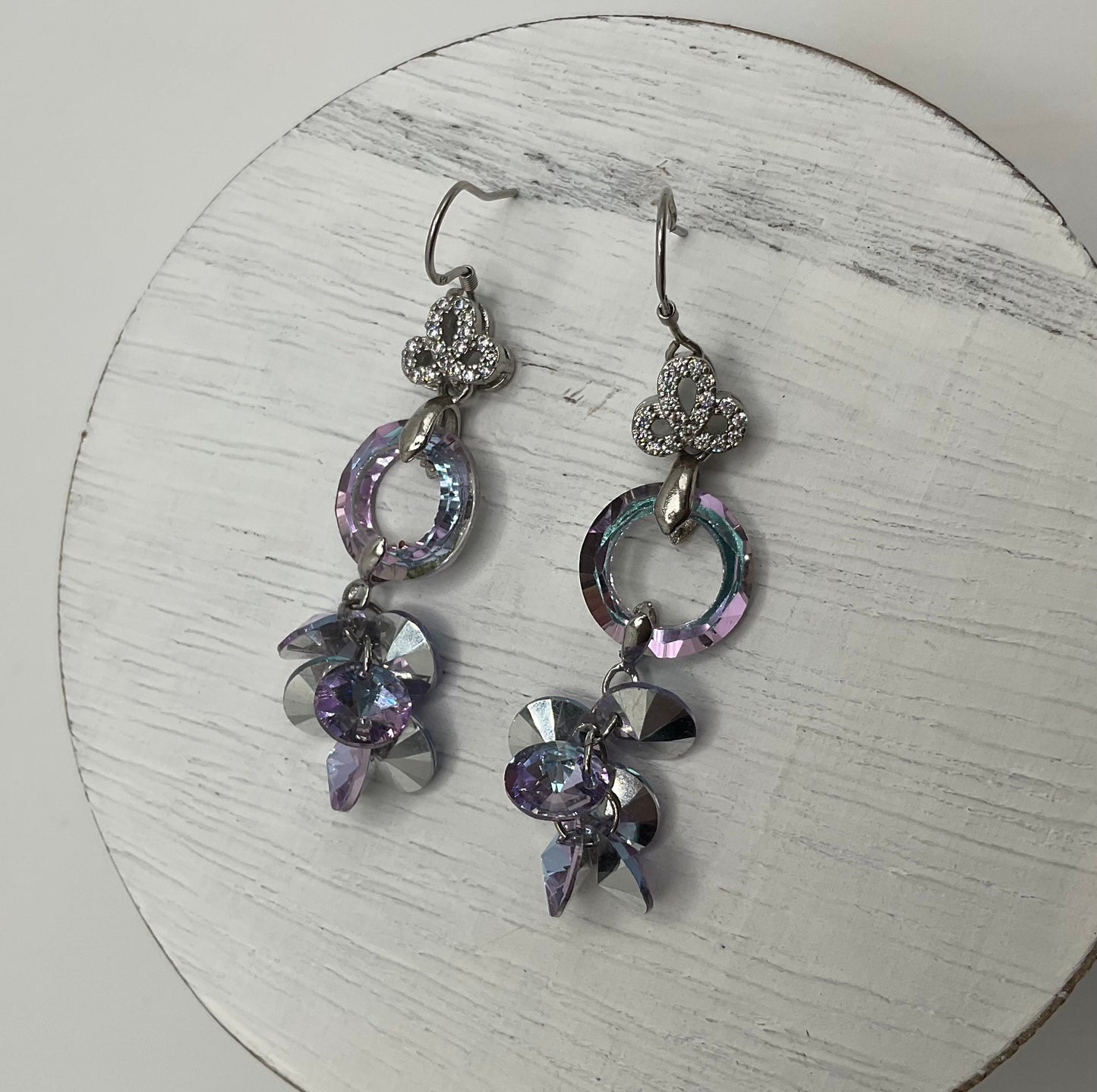 Silver Rainbow Dangle CZ Earrings with Purple Crystal Accents