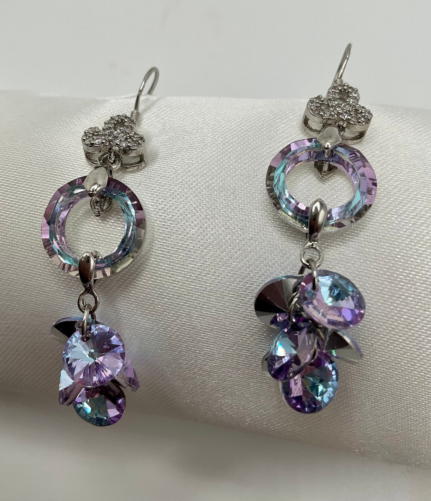 Silver Rainbow Dangle CZ Earrings with Purple Crystal Accents