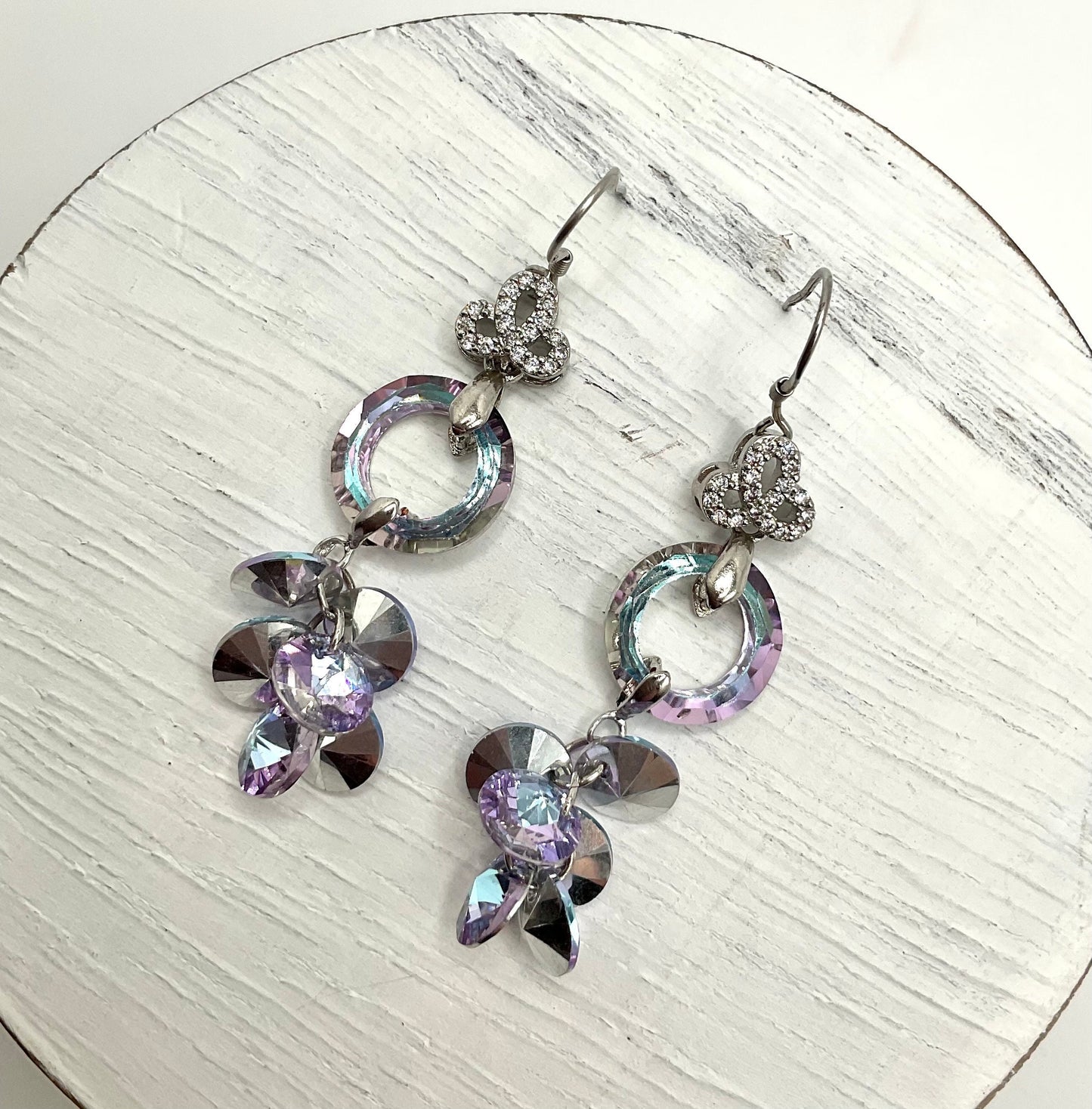 Silver Rainbow Dangle CZ Earrings with Purple Crystal Accents