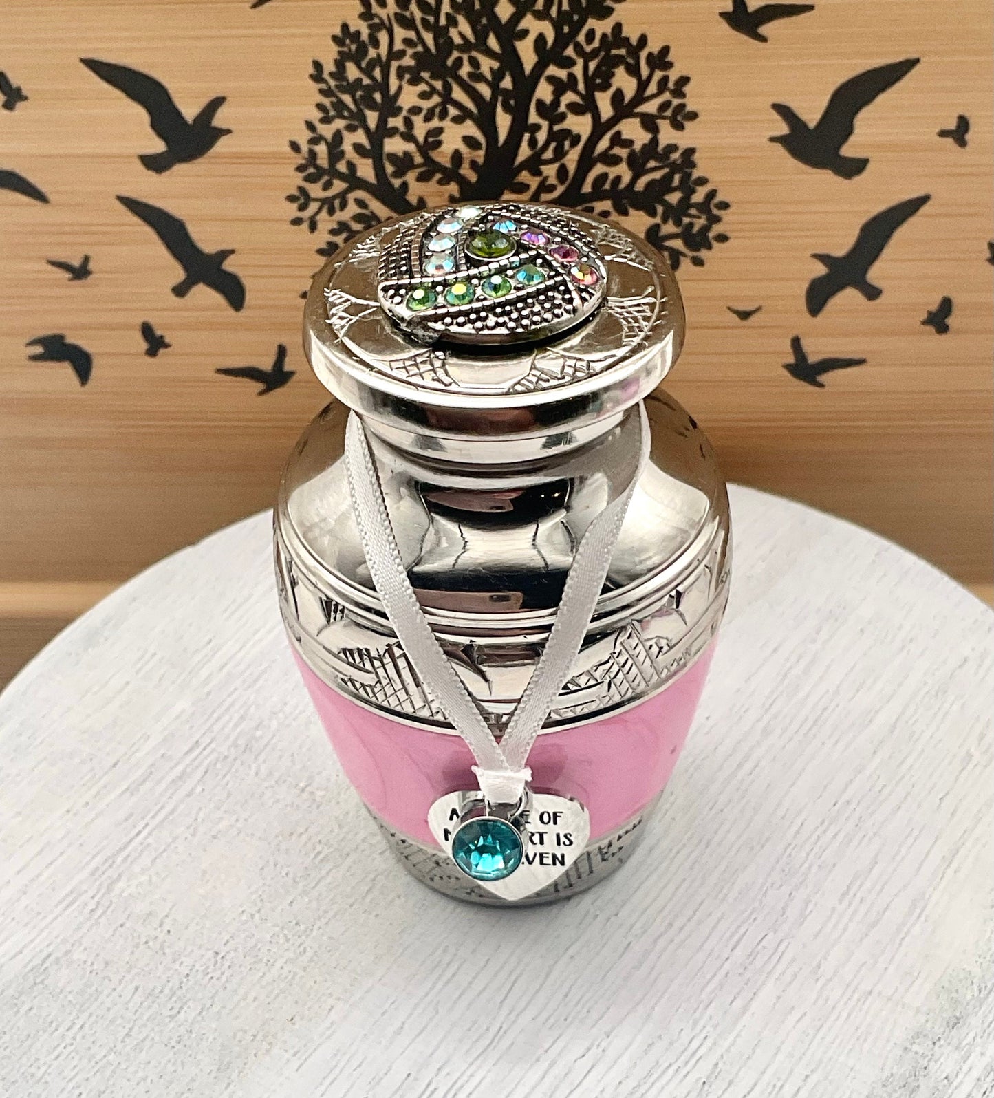Pink Memorial Cremation Funeral Ash Urn with Charm, Stainless Steel Heart Charm with Birthstone