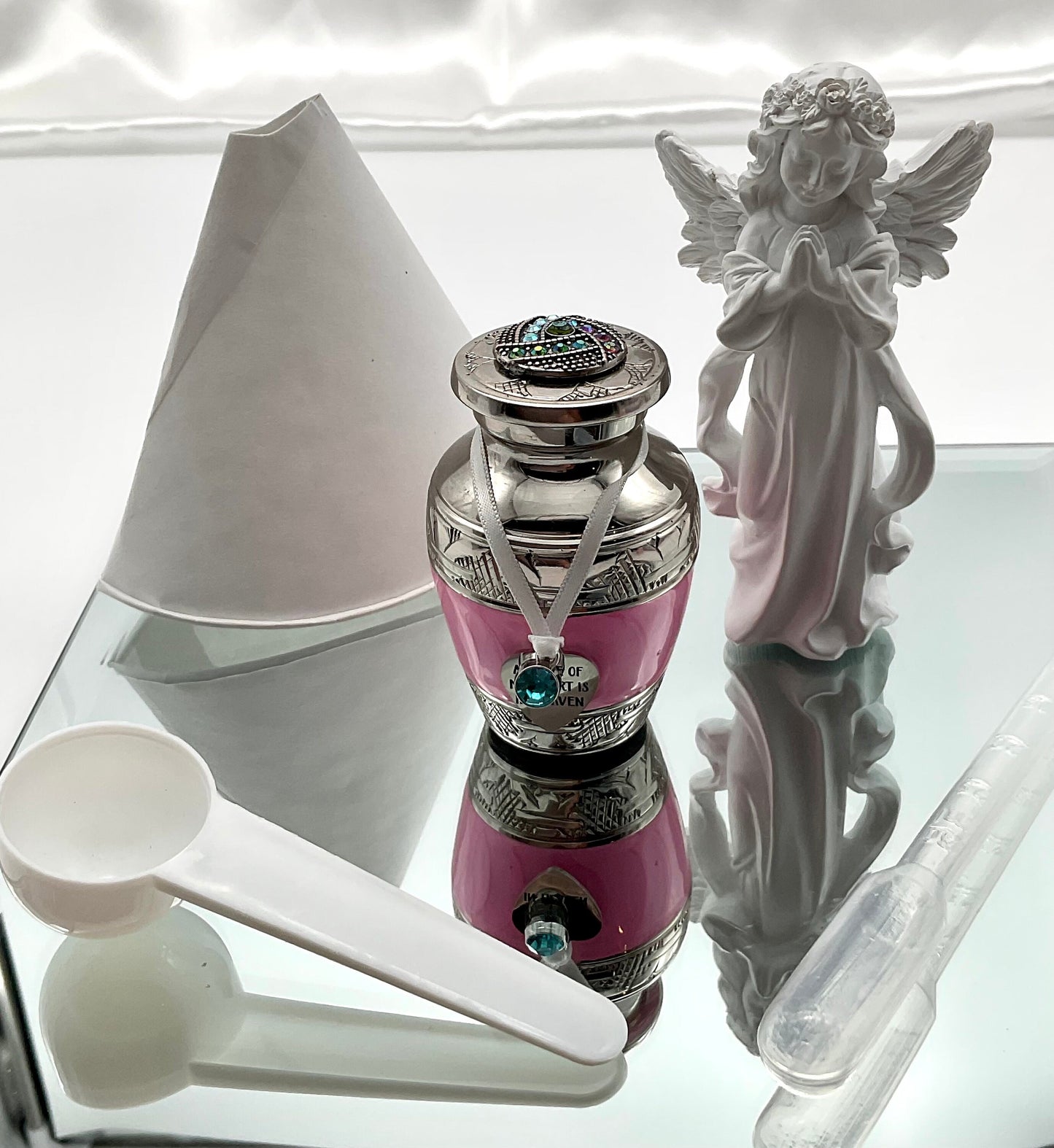 Pink Memorial Cremation Funeral Ash Urn with Charm, Stainless Steel Heart Charm with Birthstone