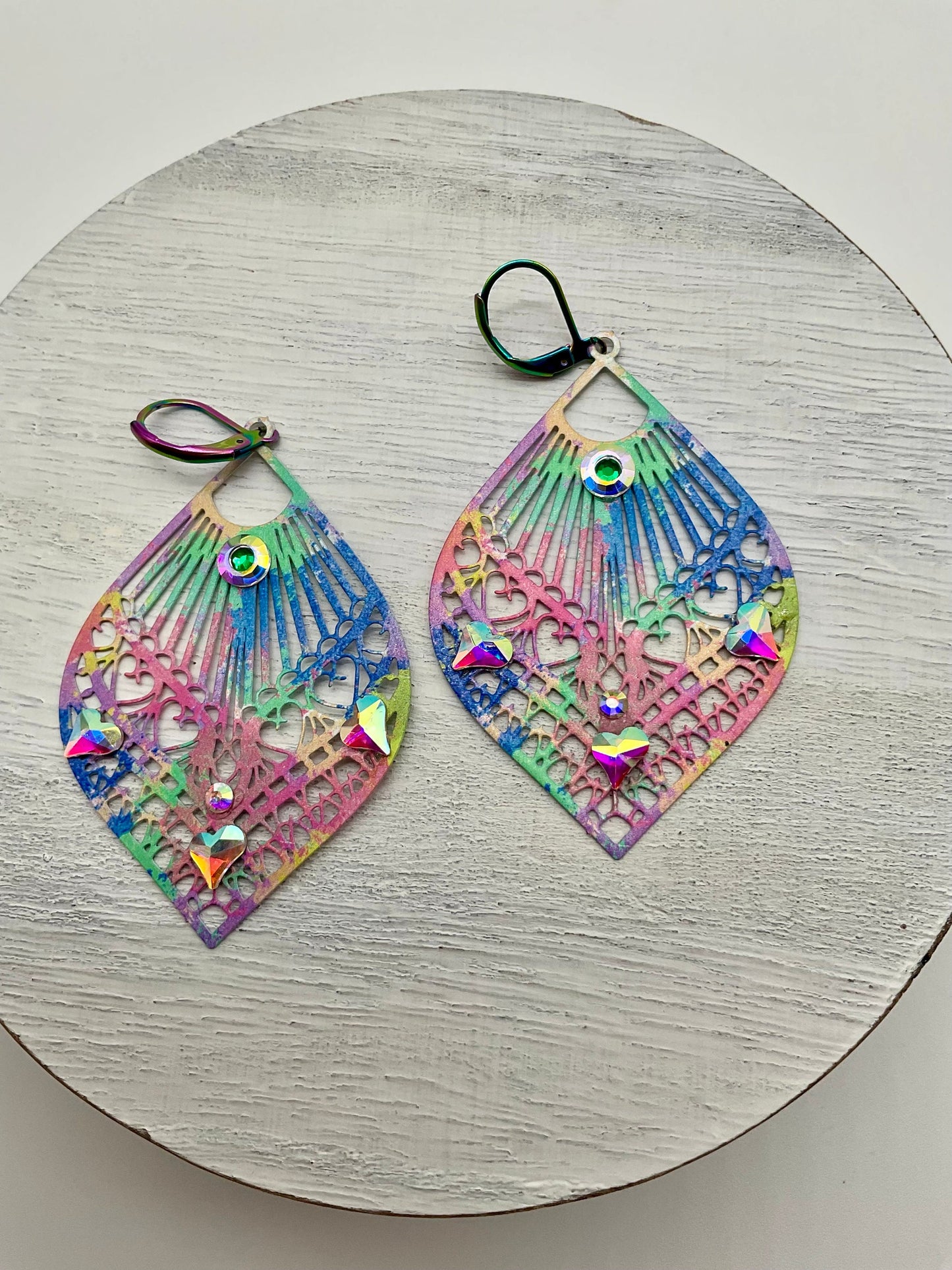 Rainbow Tear Drop Shaped Dangle Earrings with AB Crystal Accents