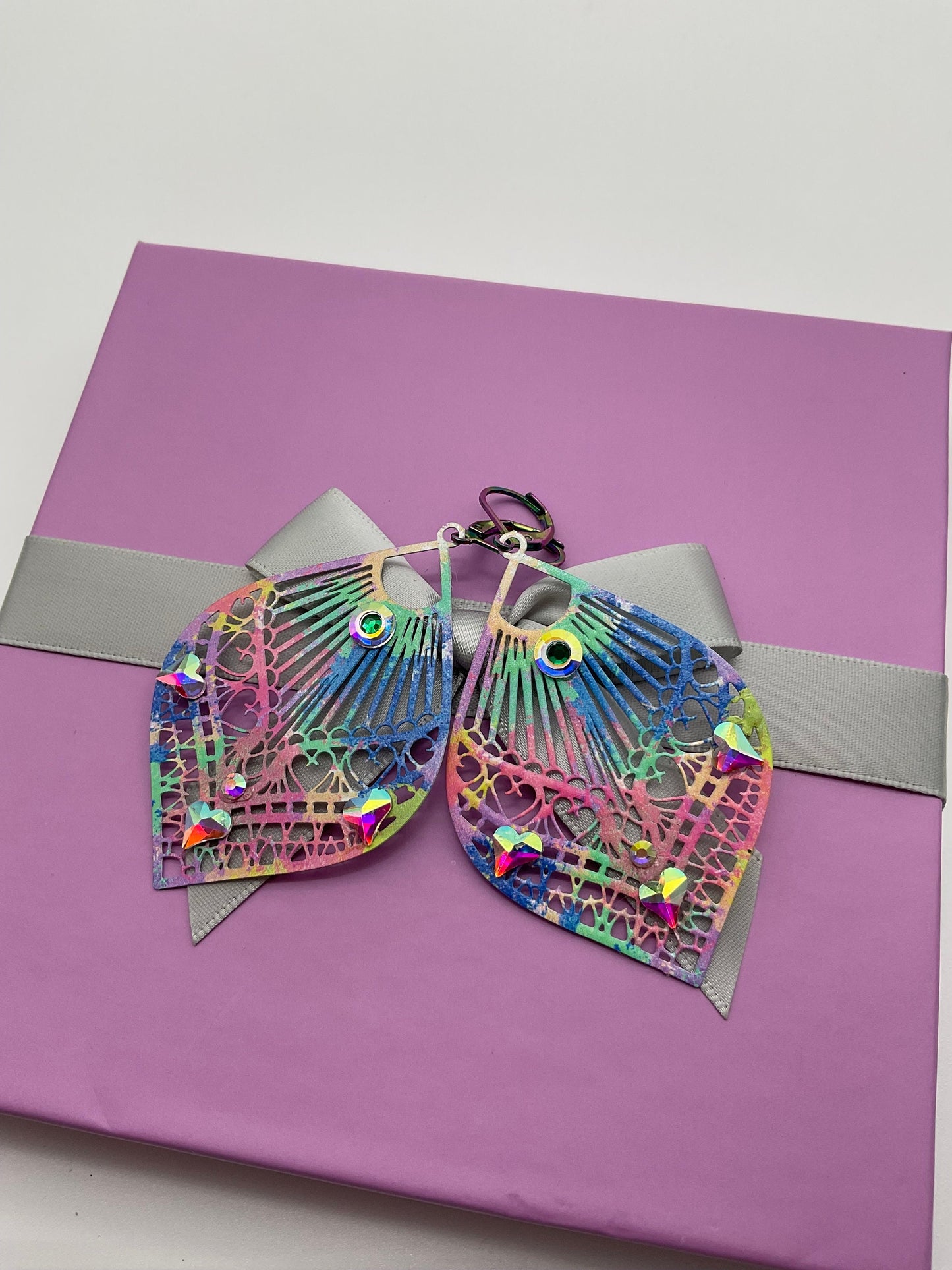 Rainbow Tear Drop Shaped Dangle Earrings with AB Crystal Accents