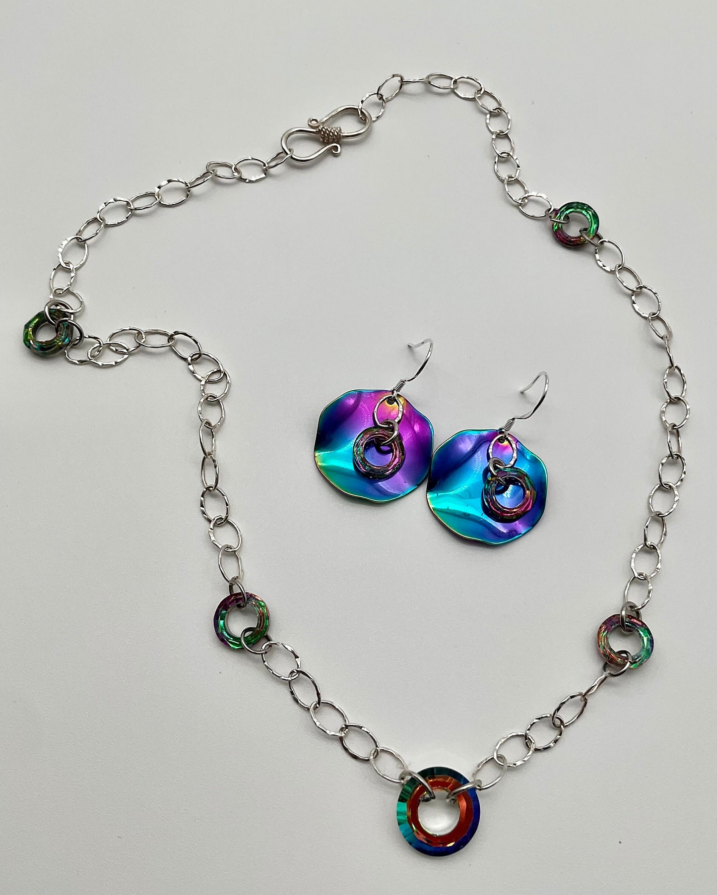 925 Sterling Silver Rainbow Circle Crystal Necklace and Earring Set