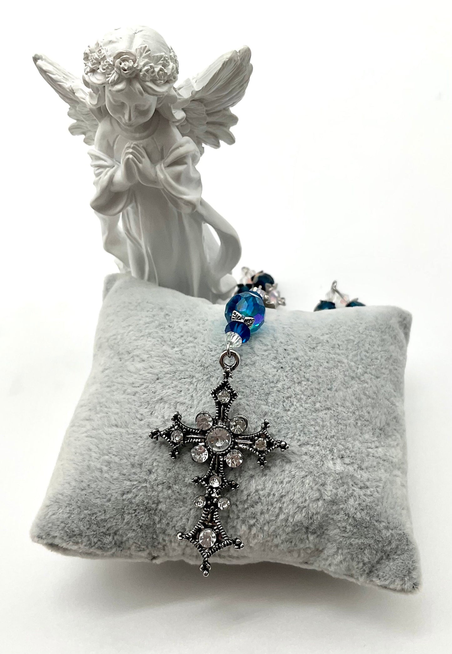 Blue Crystal Beaded Pocket Rosary Catholic Christian Religious Jewelry Hand Made with Rhinestone Accent Cross - 1 Decade