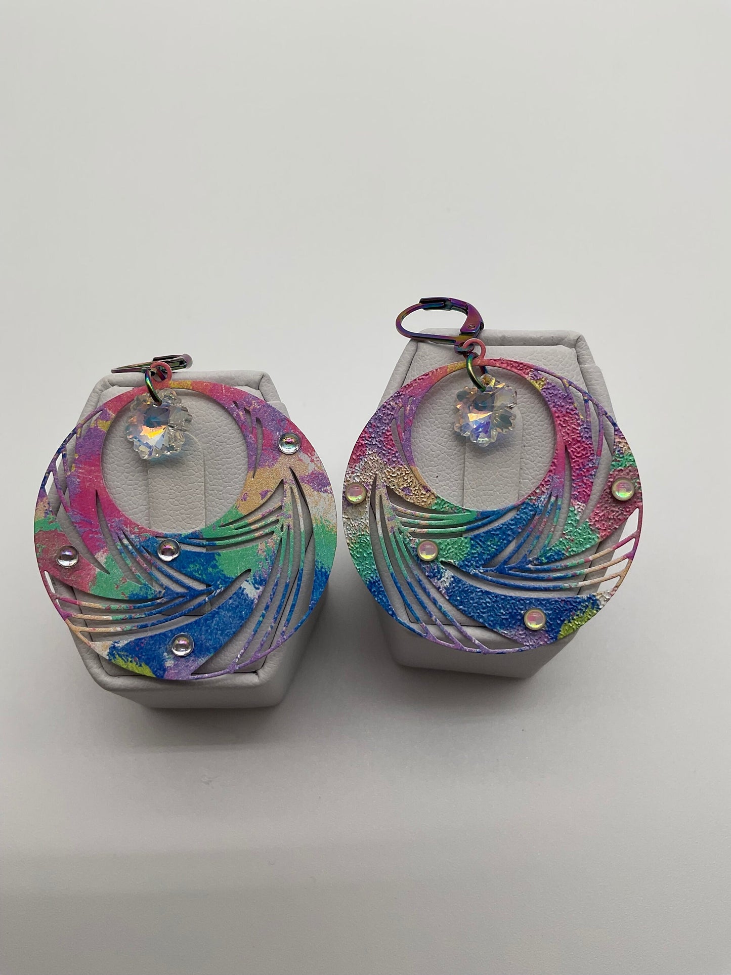 Rainbow Circle Drop Shaped Dangle Earrings with AB Crystal Accents