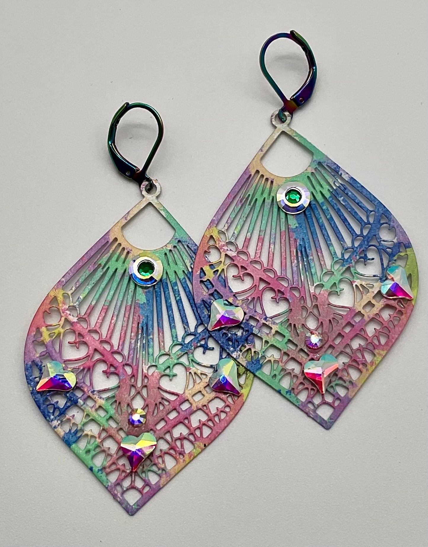 Rainbow Tear Drop Shaped Dangle Earrings with AB Crystal Accents