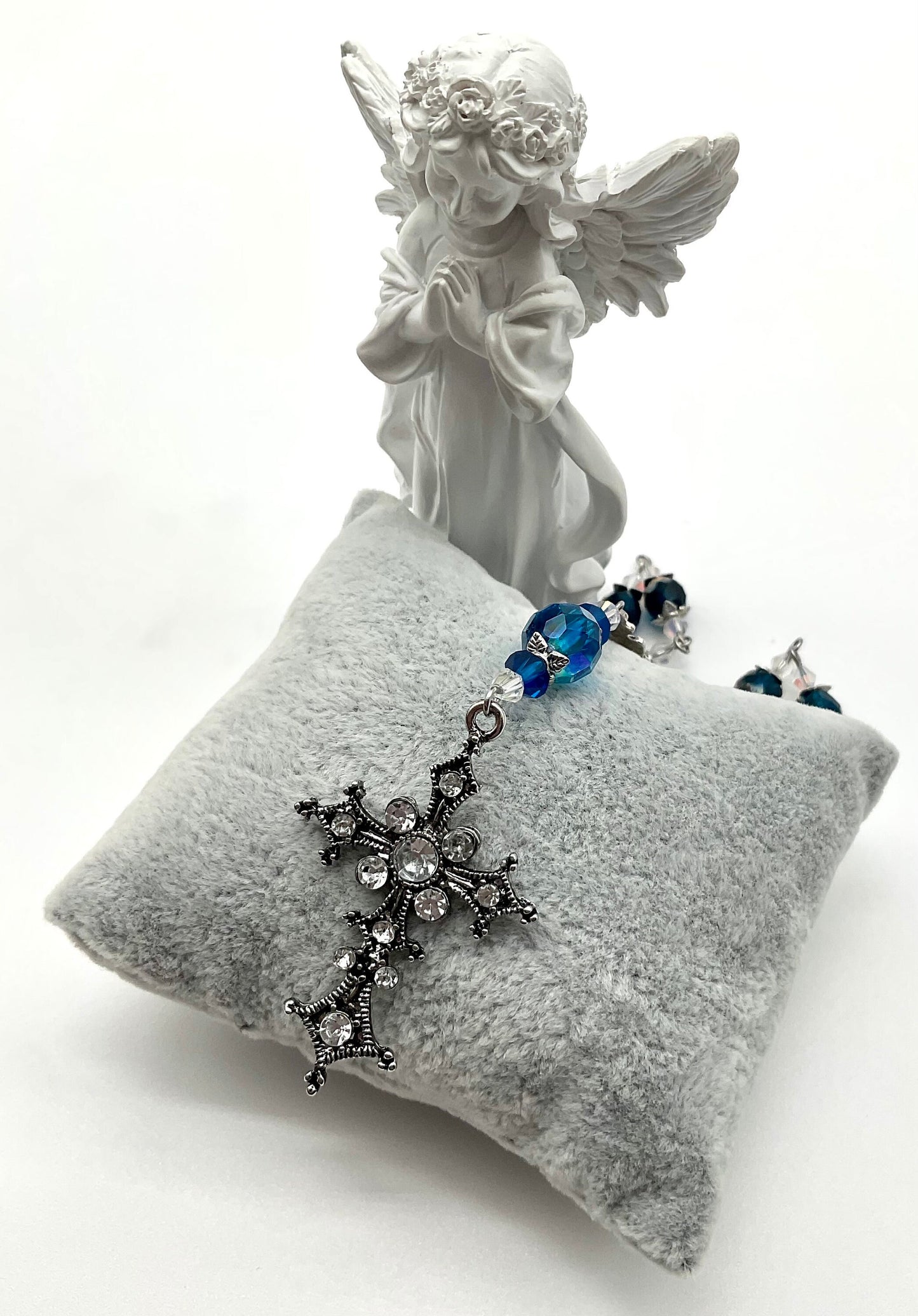 Blue Crystal Beaded Pocket Rosary Catholic Christian Religious Jewelry Hand Made with Rhinestone Accent Cross - 1 Decade