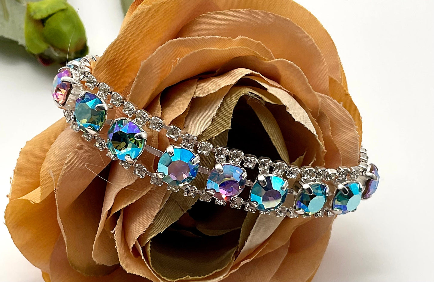 Genuine Swarovski Crystal Silver Bracelet with Blue and Pink Crystals Formal Jewelry