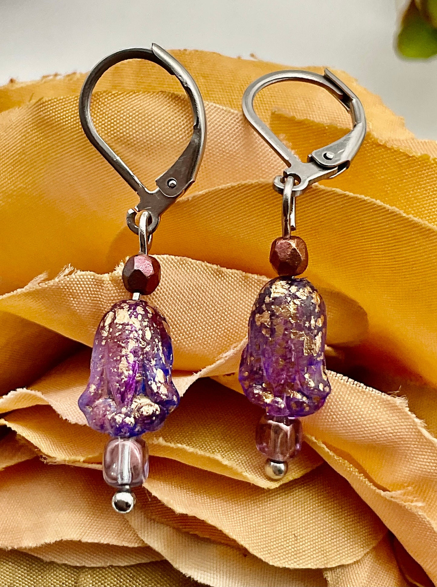 Lavender Purple or Aqua Teal Chez Fire Polished Floral Earrings