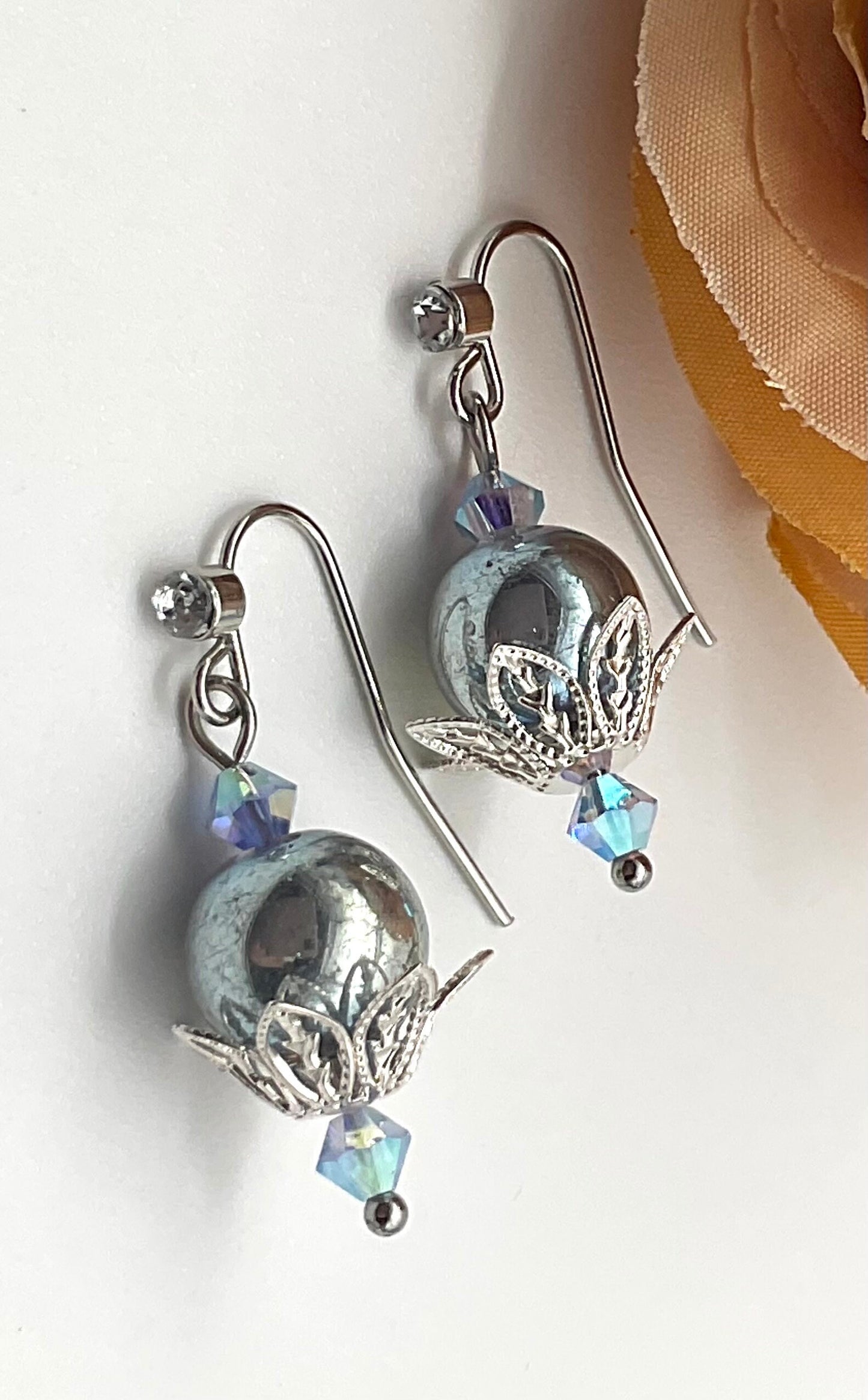 Iridescent Blue Pearl Dangle Drop Earrings with Stainless Steel Ear Wires - Hypoallergenic or Silver