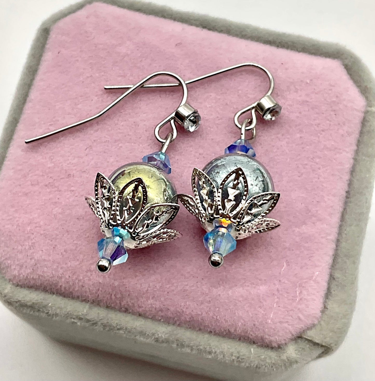 Iridescent Blue Pearl Dangle Drop Earrings with Stainless Steel Ear Wires - Hypoallergenic or Silver