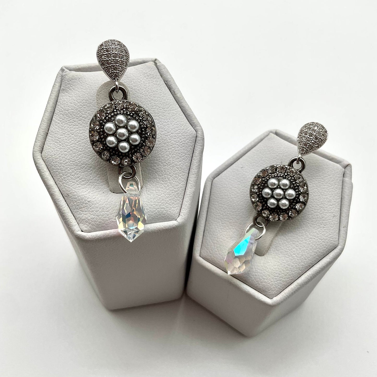 Silver Pearl and Preciosa Crystal Drop Dangle Earrings AB Colored