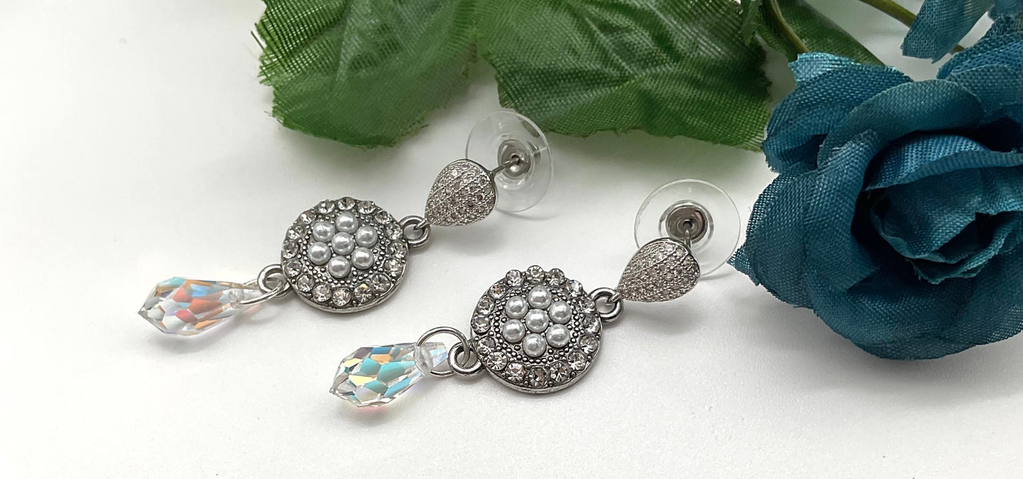 Silver Pearl and Preciosa Crystal Drop Dangle Earrings AB Colored