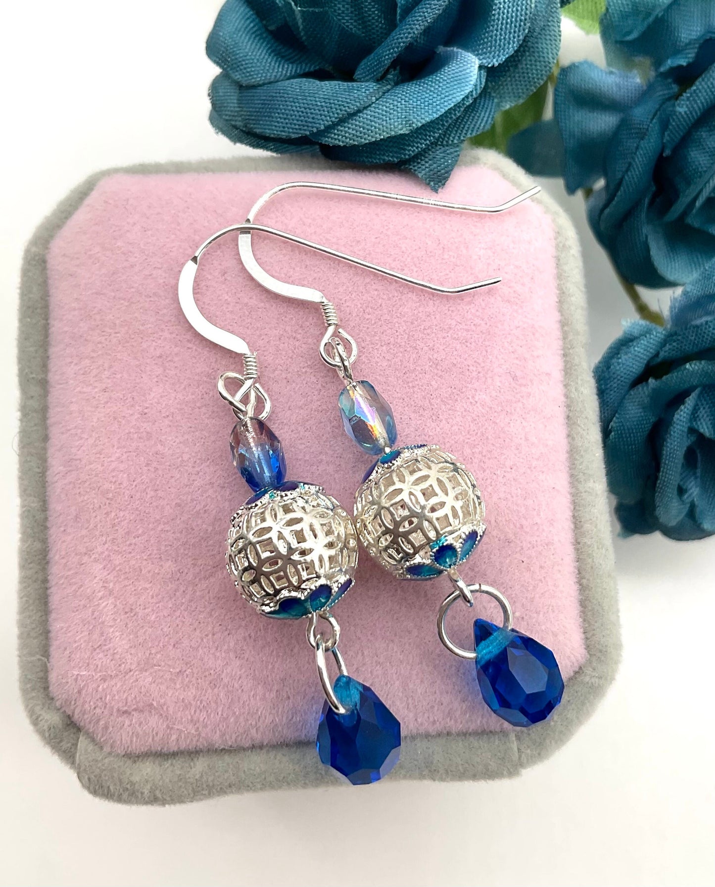 Mother of Pearl Blue Dangle Drop Earrings with Swarovski Crystal Drop - 925 Sterling Silver Ear Wires