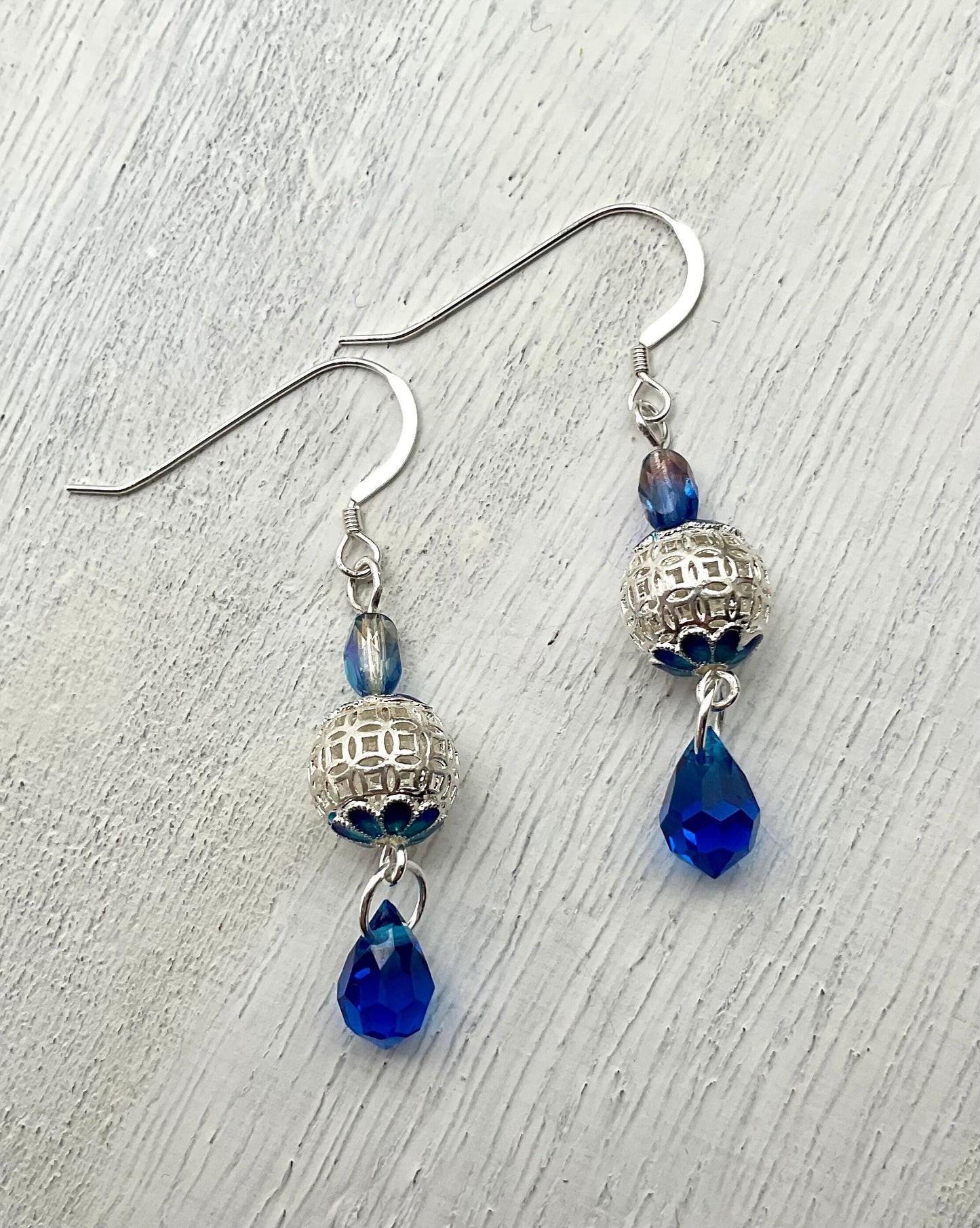 Mother of Pearl Blue Dangle Drop Earrings with Swarovski Crystal Drop - 925 Sterling Silver Ear Wires