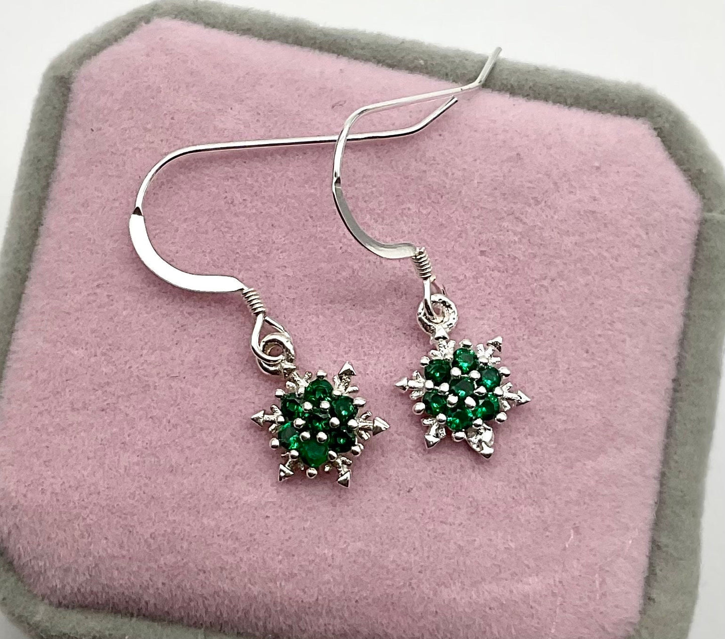 Emerald Green Snowflake Birthstone Swarovski Crystal Earrings - May Birthstone Christmas Holiday Jewelry