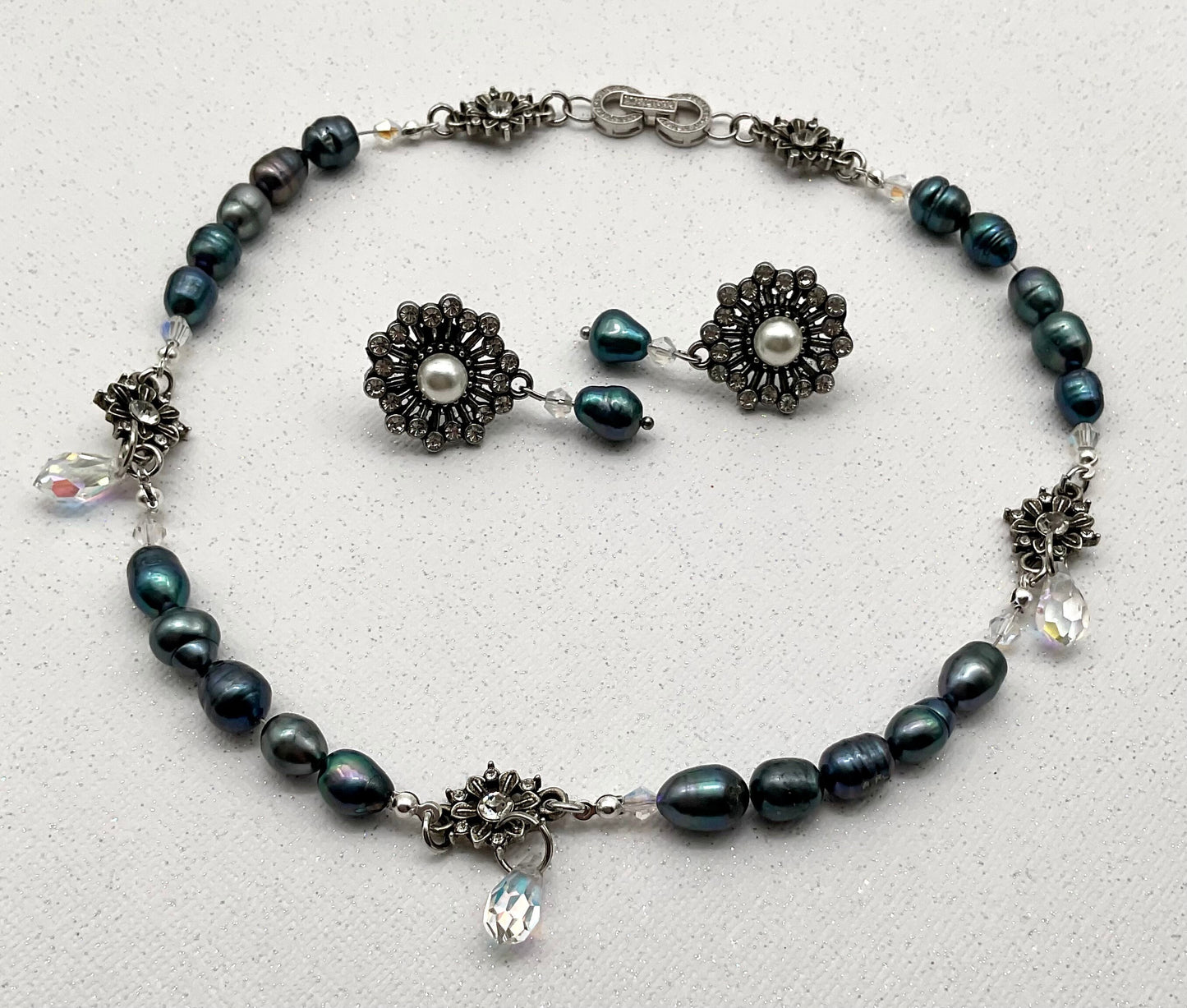 Genuine Baroque Turquoise Peacock Purple Colored Pearl Necklace with Percoisa Crystals and Matching Earring Set