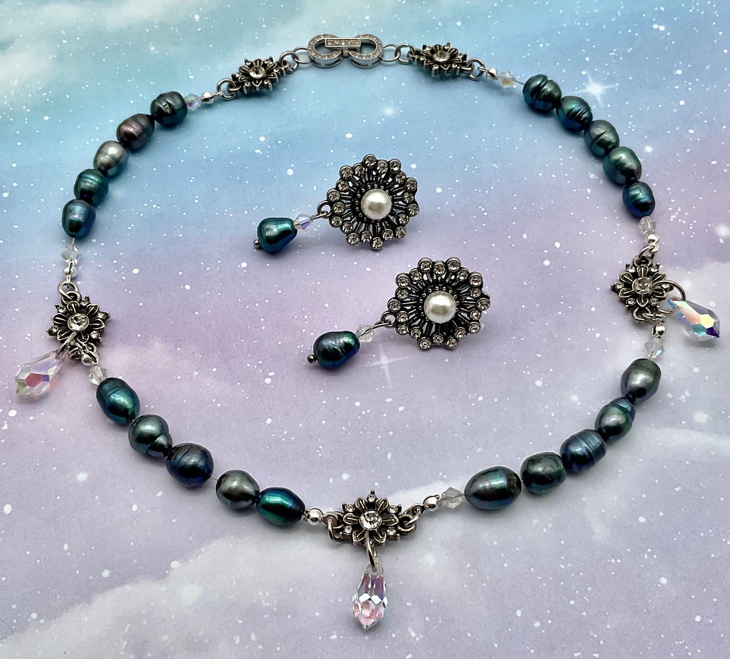 Genuine Baroque Turquoise Peacock Purple Colored Pearl Necklace with Percoisa Crystals and Matching Earring Set