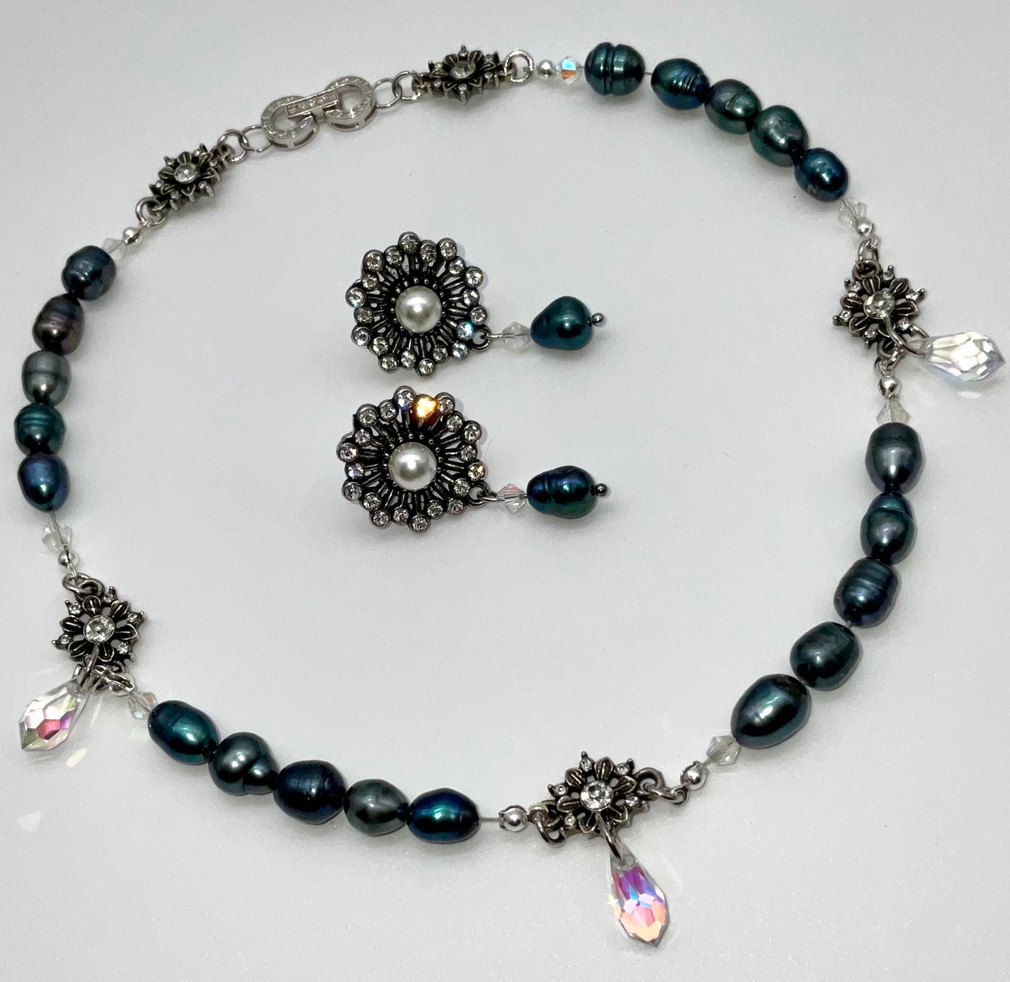 Genuine Baroque Turquoise Peacock Purple Colored Pearl Necklace with Percoisa Crystals and Matching Earring Set