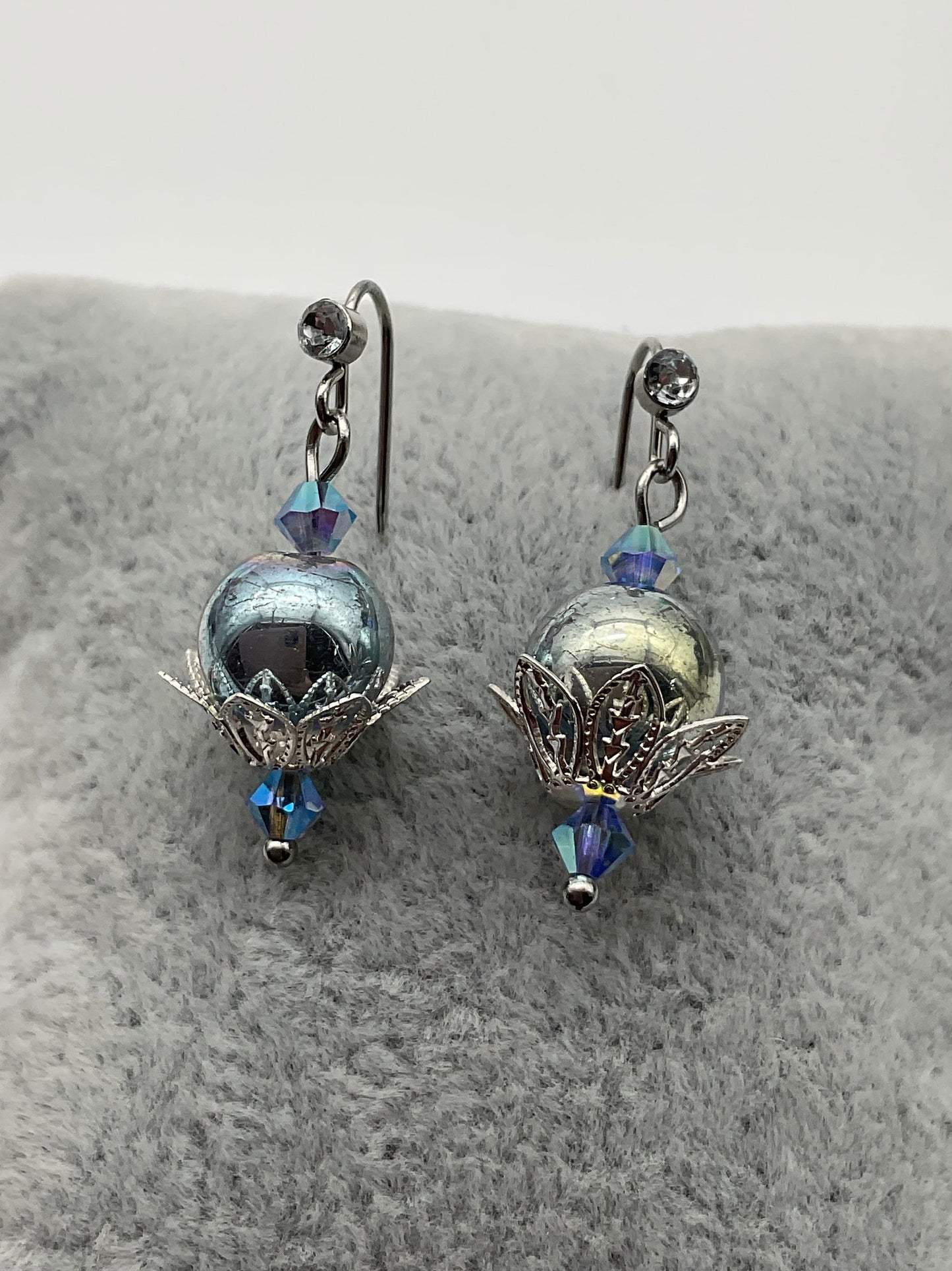 Iridescent Blue Pearl Dangle Drop Earrings with Stainless Steel Ear Wires - Hypoallergenic or Silver