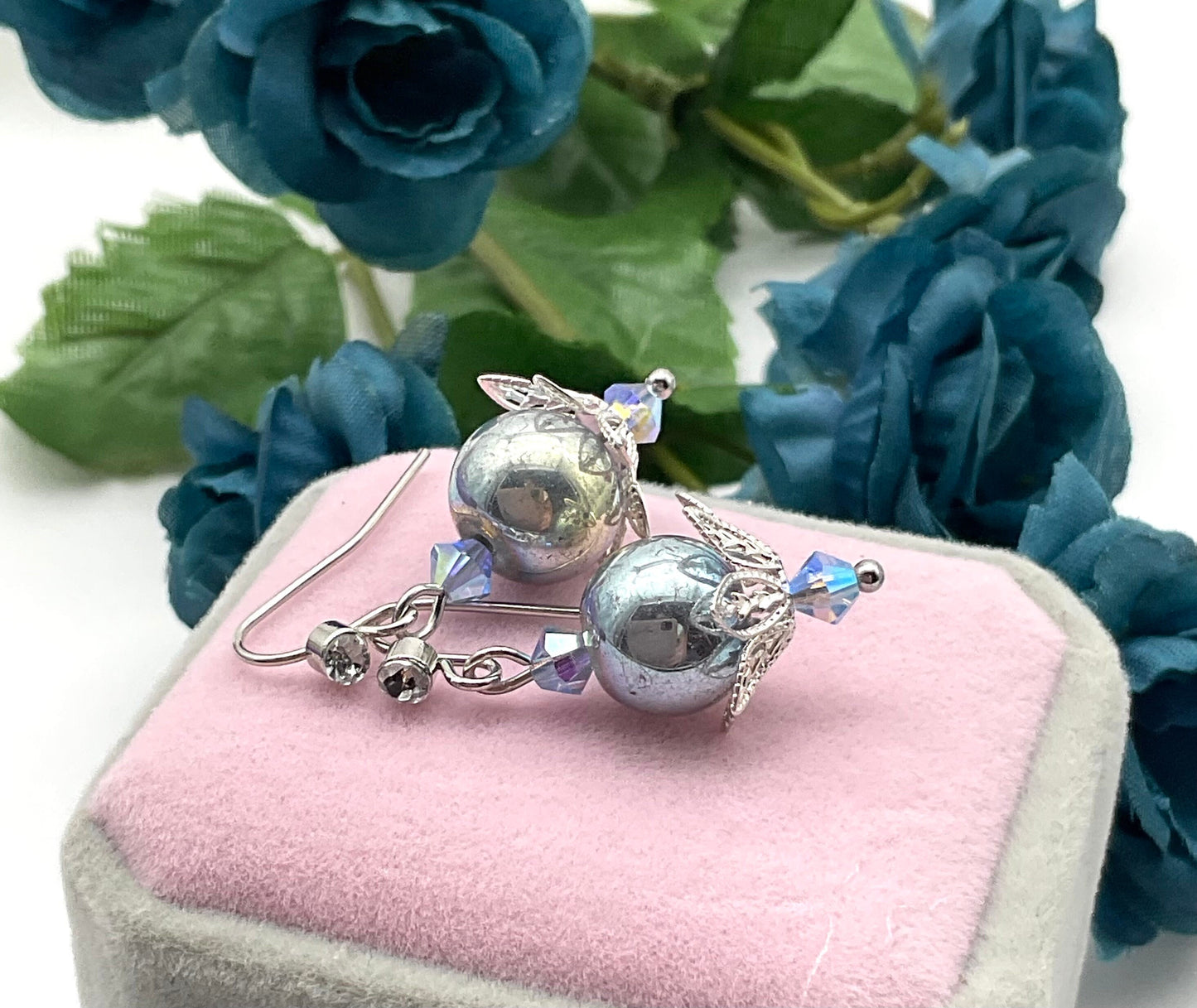 Iridescent Blue Pearl Dangle Drop Earrings with Stainless Steel Ear Wires - Hypoallergenic or Silver