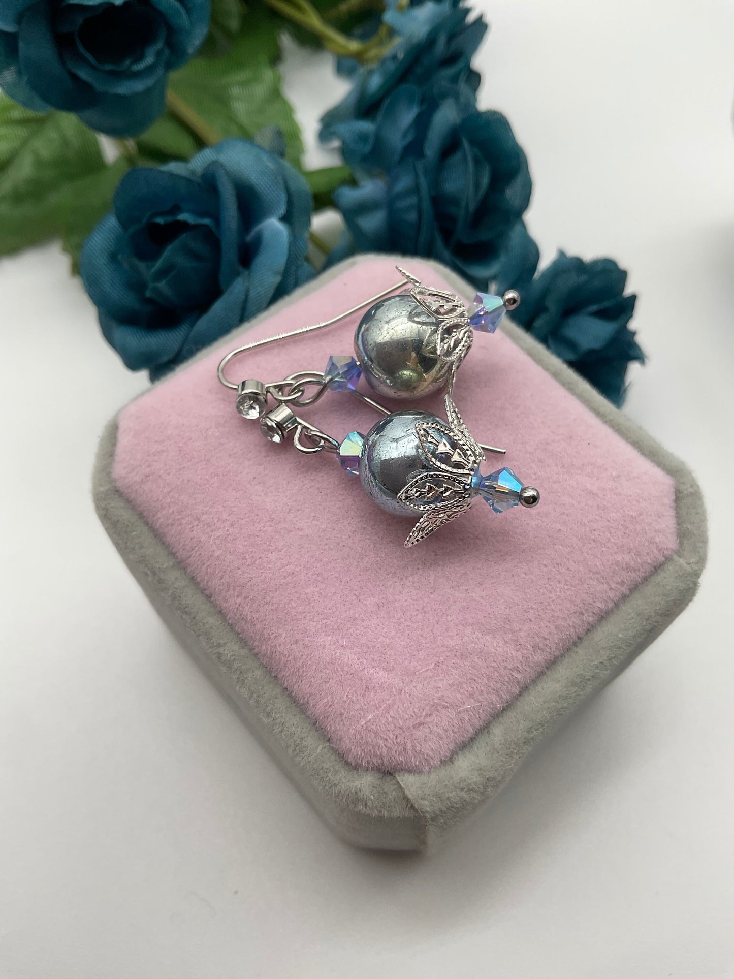 Iridescent Blue Pearl Dangle Drop Earrings with Stainless Steel Ear Wires - Hypoallergenic or Silver