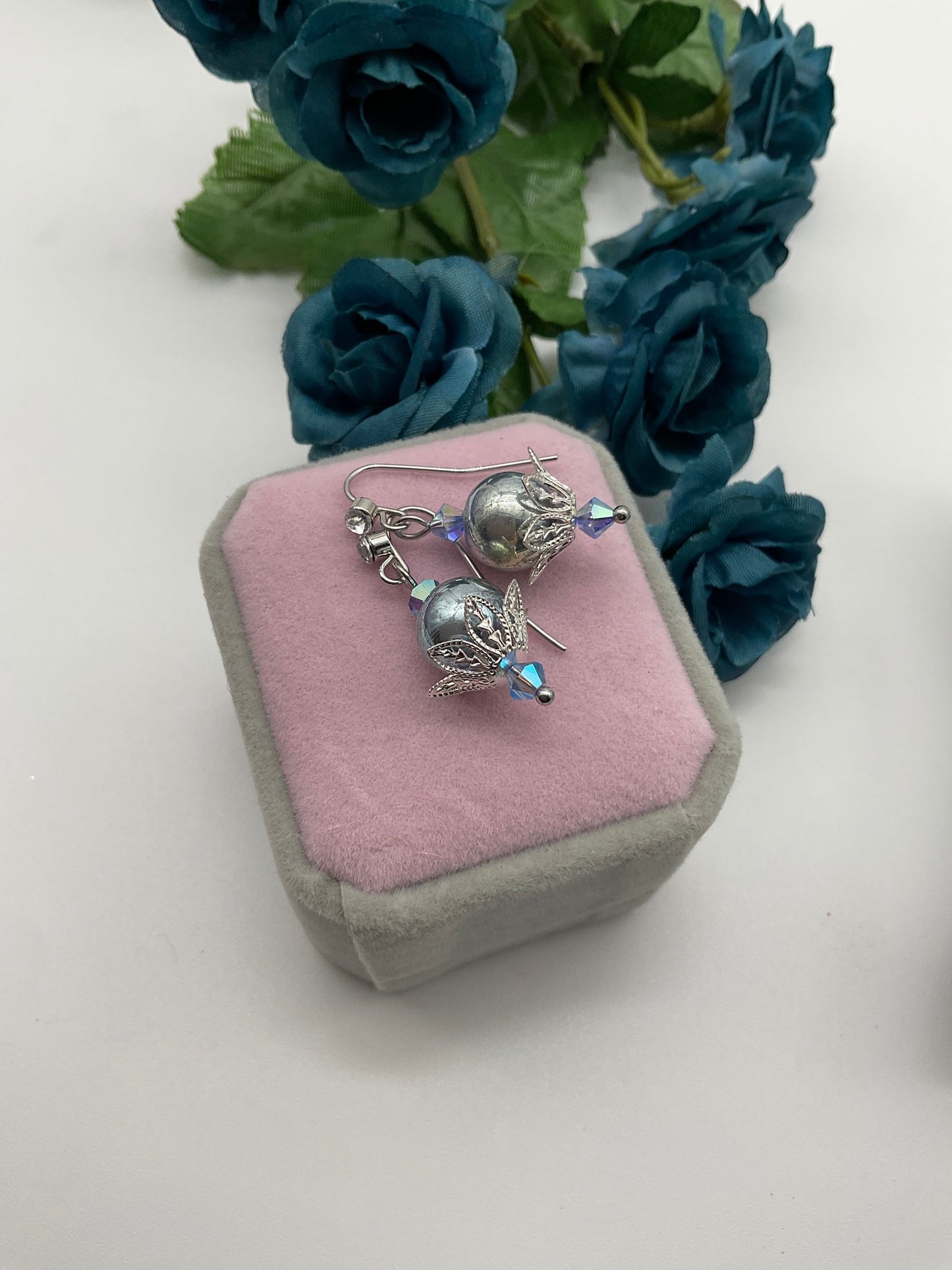 Iridescent Blue Pearl Dangle Drop Earrings with Stainless Steel Ear Wires - Hypoallergenic or Silver