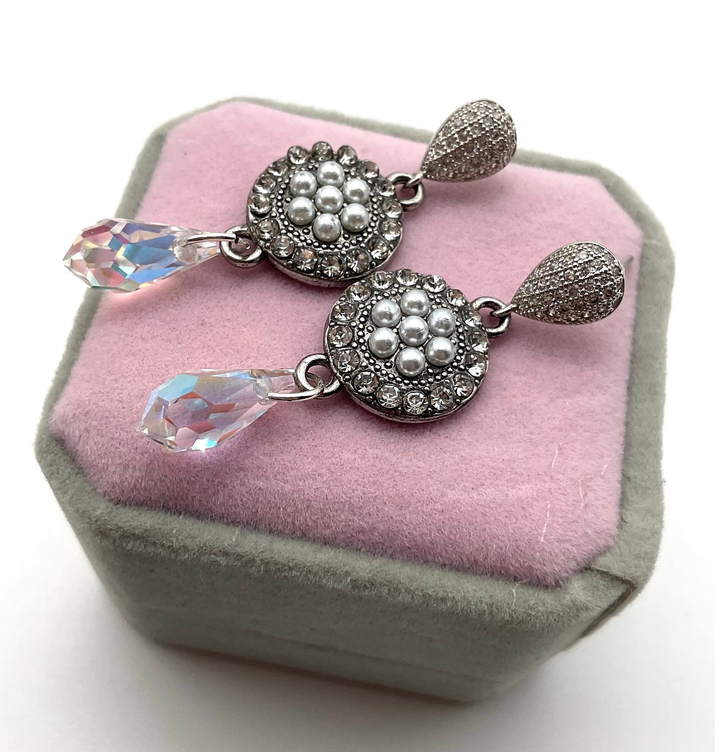 Silver Pearl and Preciosa Crystal Drop Dangle Earrings AB Colored