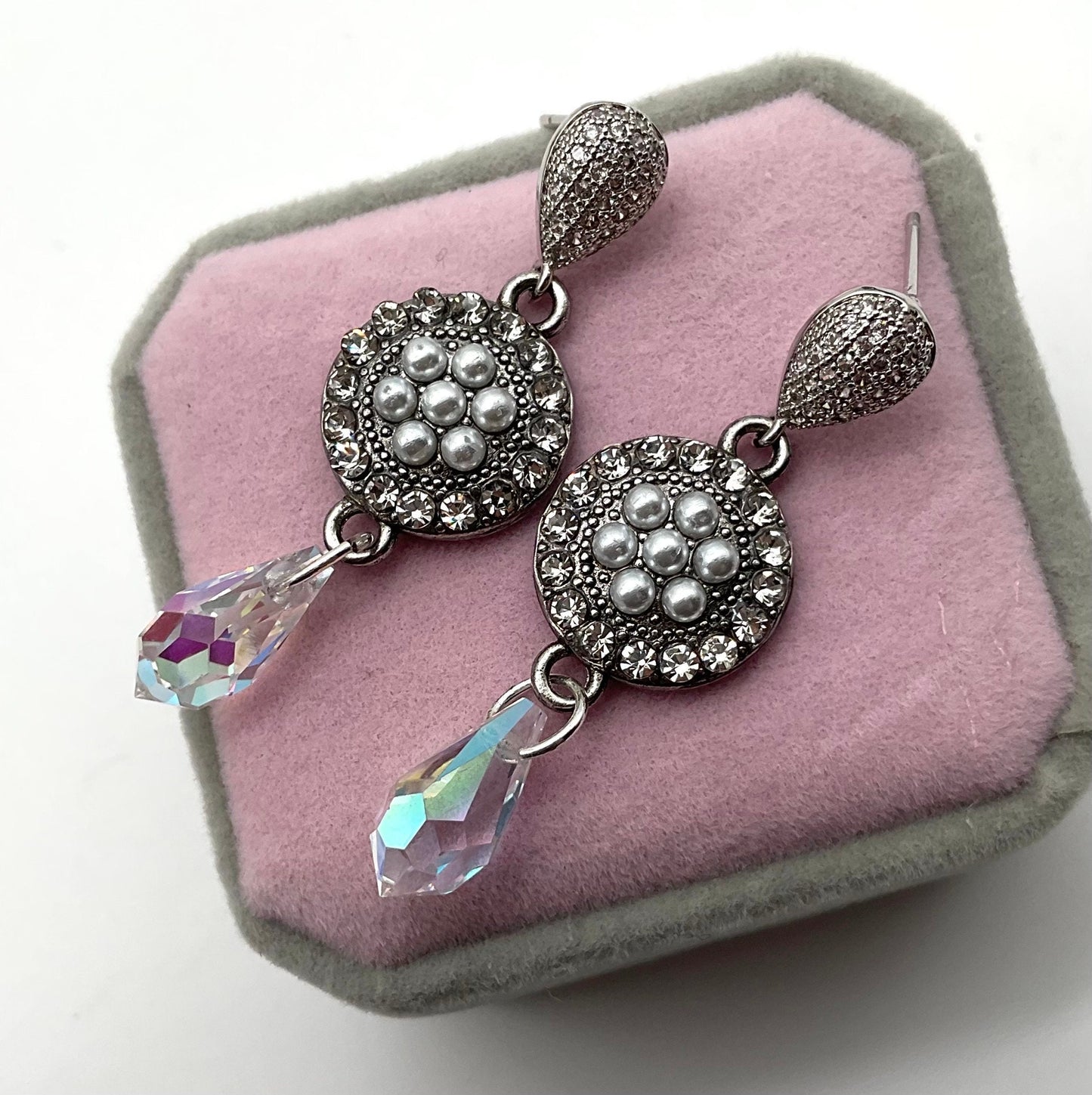 Silver Pearl and Preciosa Crystal Drop Dangle Earrings AB Colored