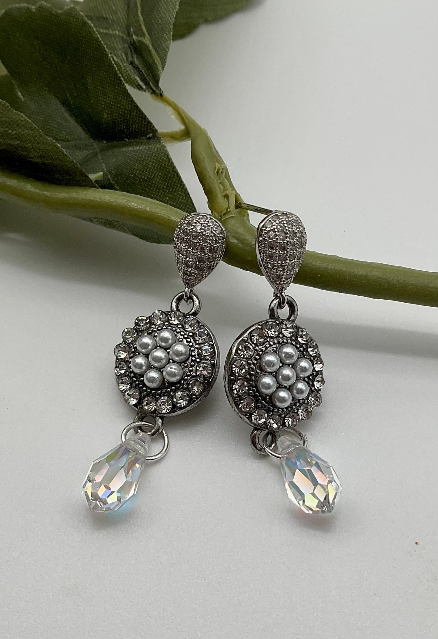 Silver Pearl and Preciosa Crystal Drop Dangle Earrings AB Colored