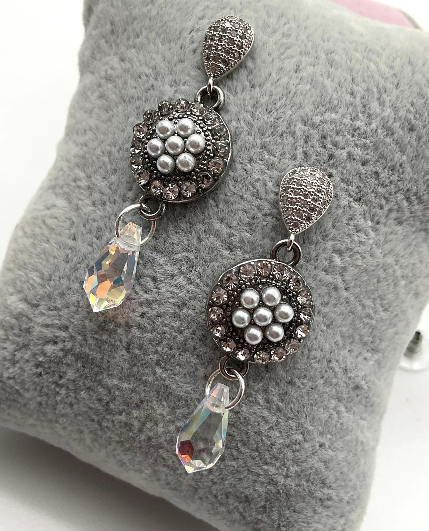 Silver Pearl and Preciosa Crystal Drop Dangle Earrings AB Colored