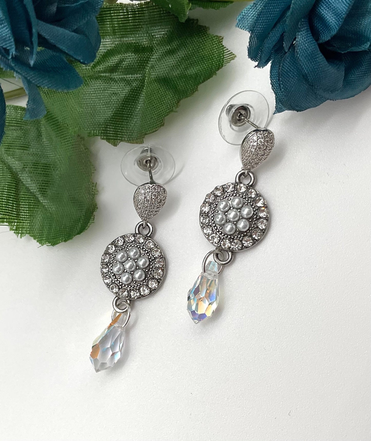 Silver Pearl and Preciosa Crystal Drop Dangle Earrings AB Colored