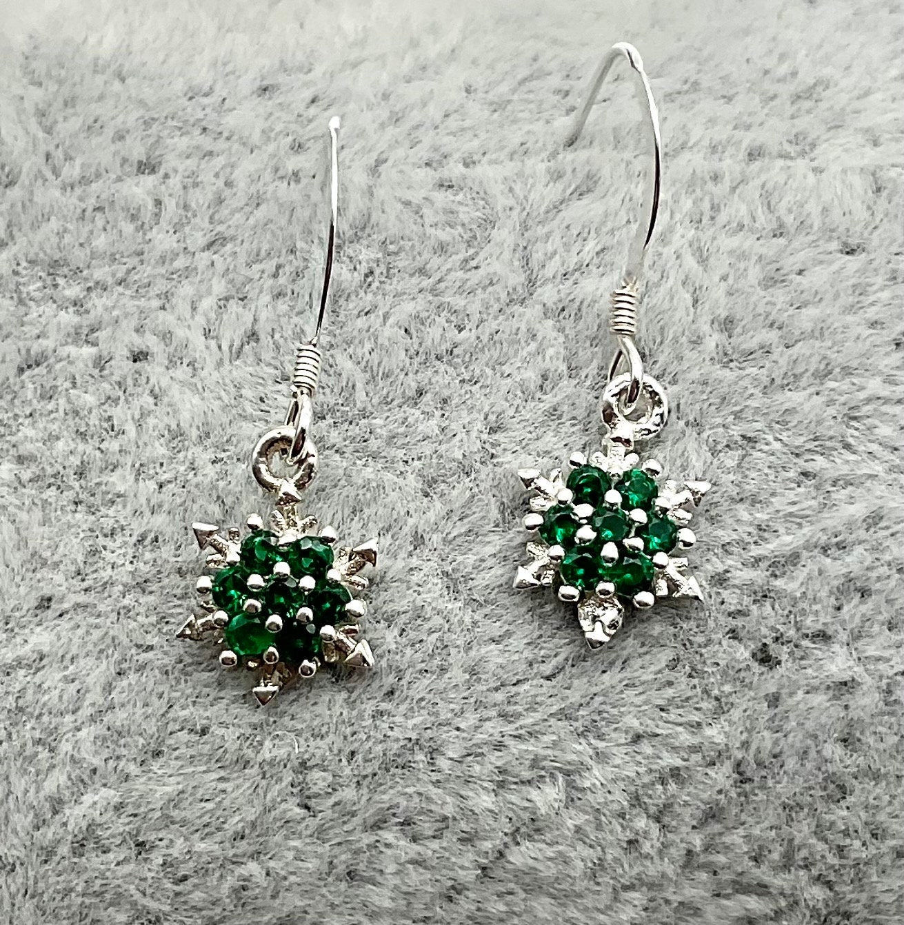 Emerald Green Snowflake Birthstone Swarovski Crystal Earrings - May Birthstone Christmas Holiday Jewelry