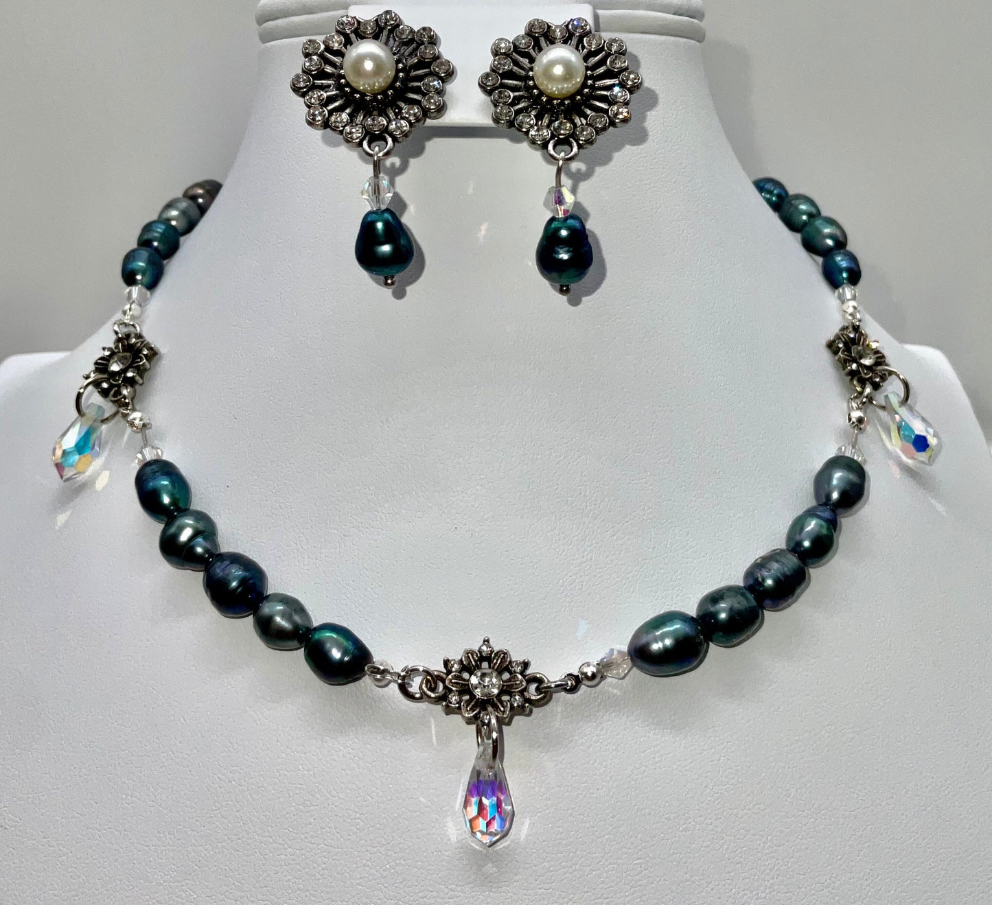 Genuine Baroque Turquoise Peacock Purple Colored Pearl Necklace with Percoisa Crystals and Matching Earring Set