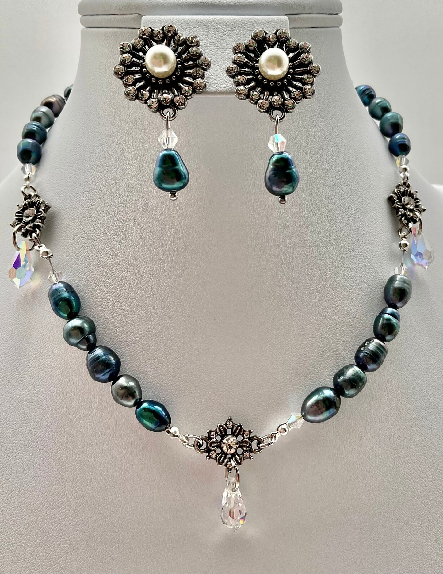 Genuine Baroque Turquoise Peacock Purple Colored Pearl Necklace with Percoisa Crystals and Matching Earring Set