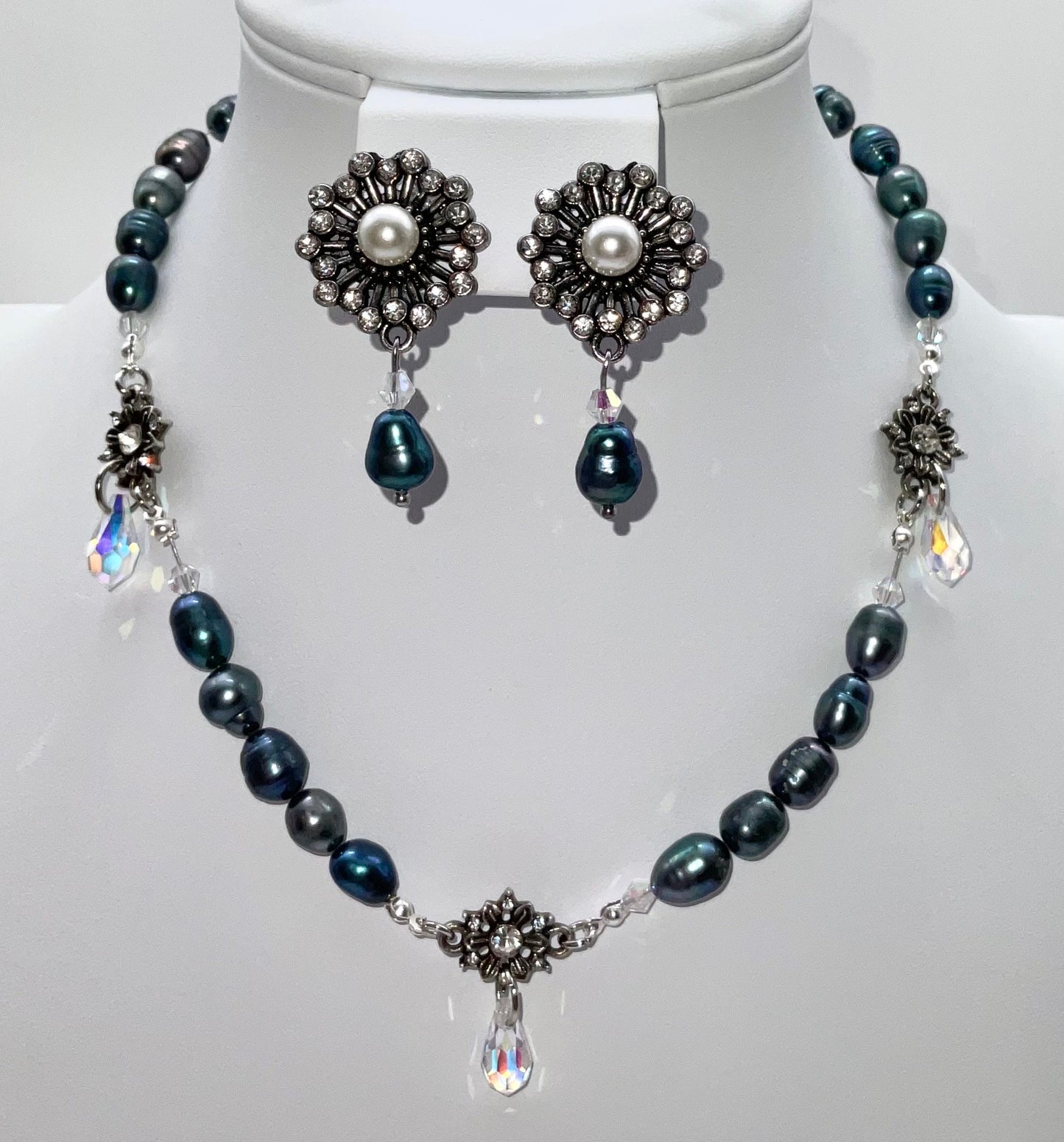 Genuine Baroque Turquoise Peacock Purple Colored Pearl Necklace with Percoisa Crystals and Matching Earring Set