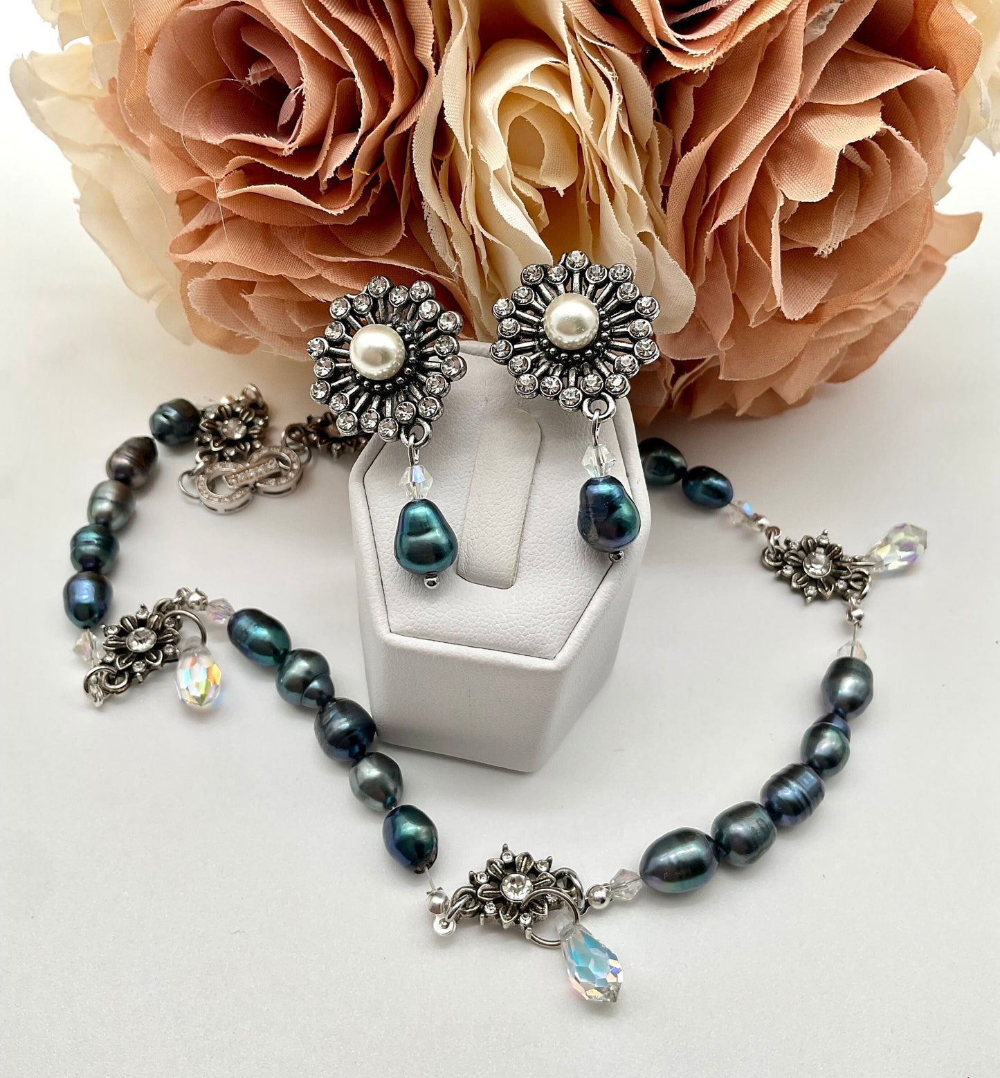 Genuine Baroque Turquoise Peacock Purple Colored Pearl Necklace with Percoisa Crystals and Matching Earring Set