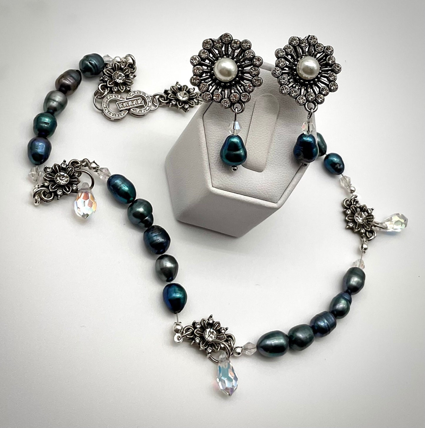 Genuine Baroque Turquoise Peacock Purple Colored Pearl Necklace with Percoisa Crystals and Matching Earring Set
