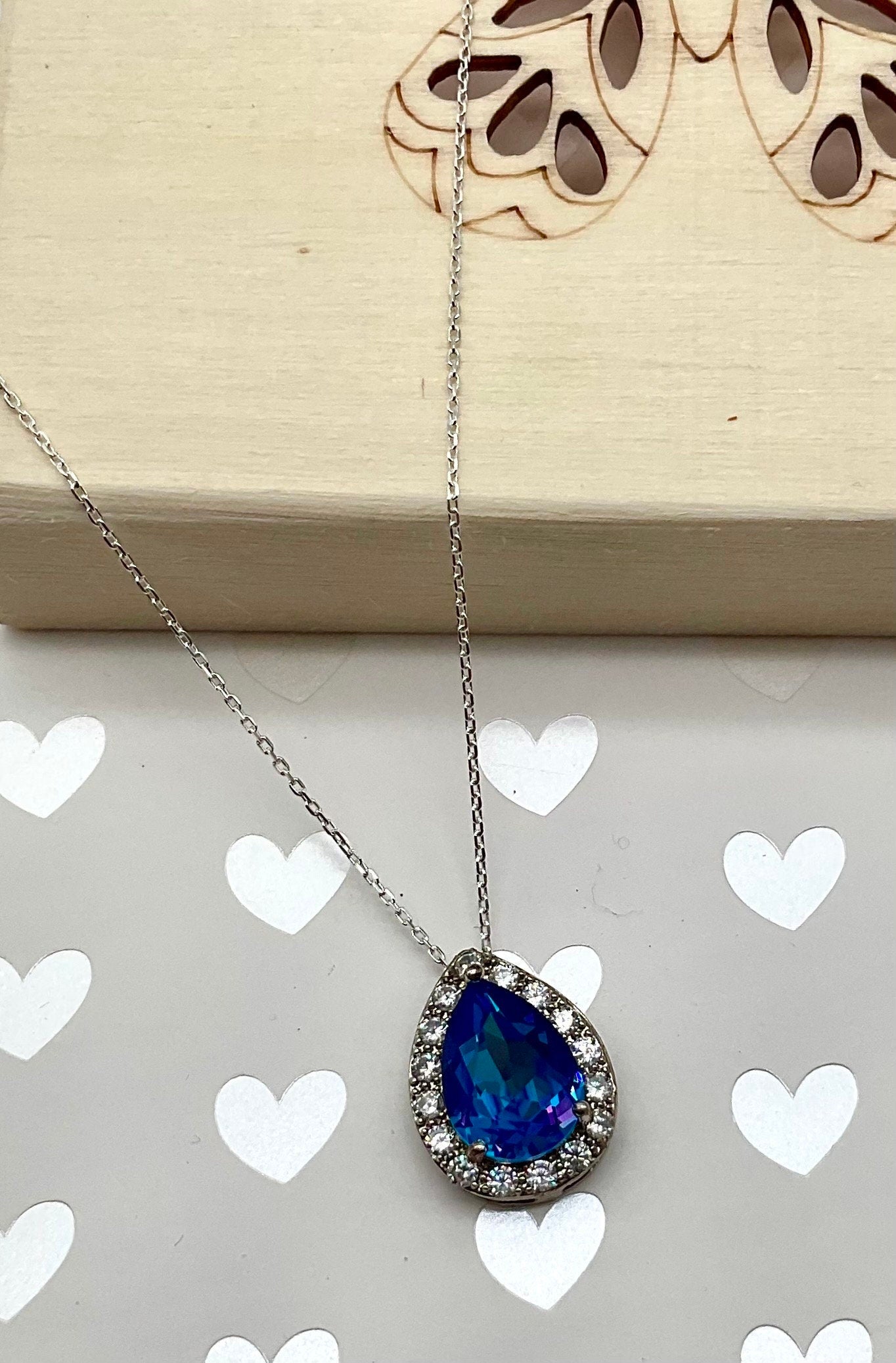 Preciosa Crystal Passions Blue Pear Shaped Pendant on a 925 Sterling Silver 18” Necklace