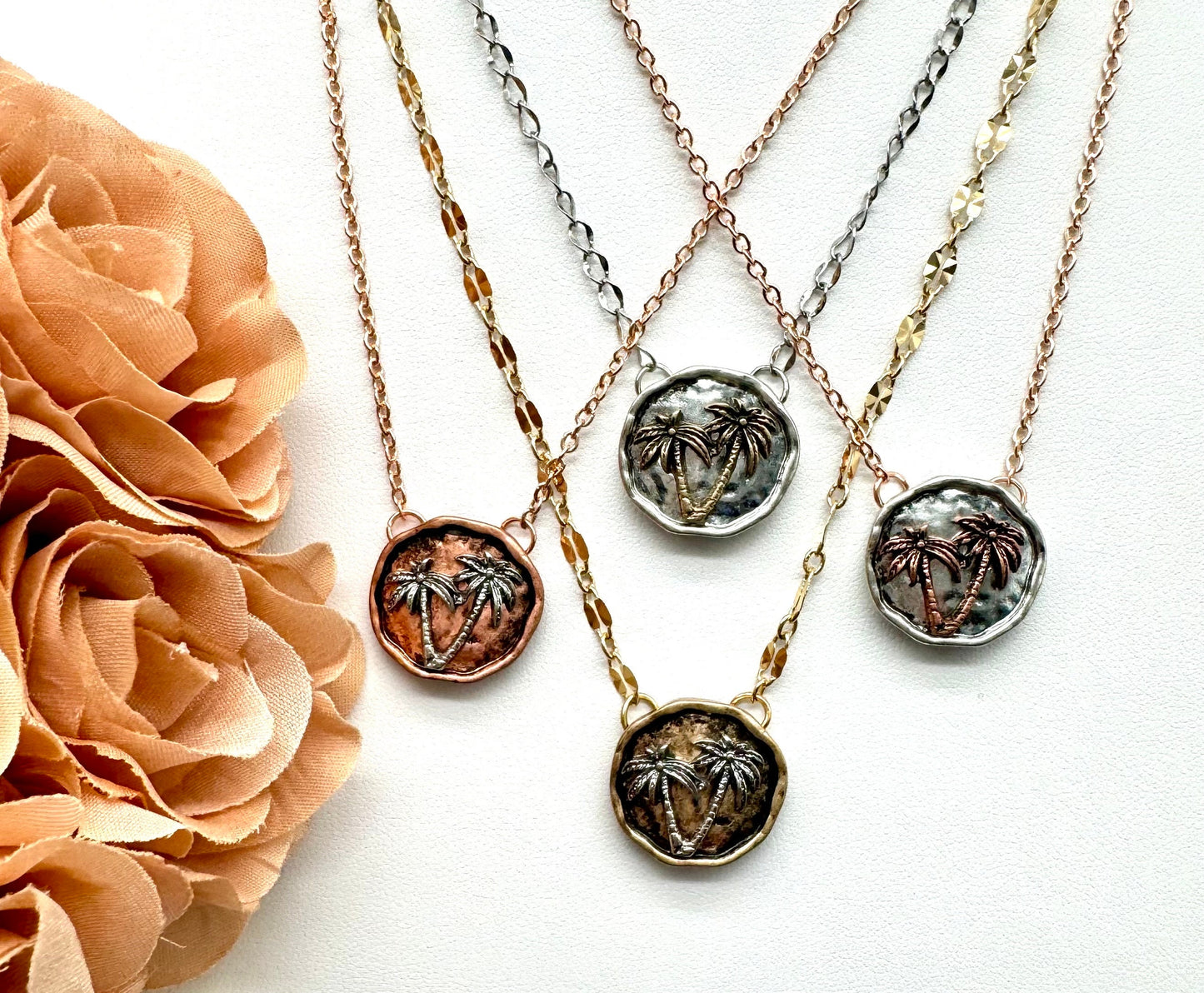 Palmetto Tree Palm Tree Tropical Style Necklace Gold, Silver, Rose Gold, or Silver with Rose Gold