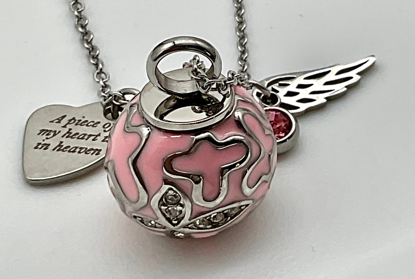 Pink, Rose Gold or Silver Ash Urn Necklace with Birthstone and Angel Wing Charm - Funeral Memorial Jewelry