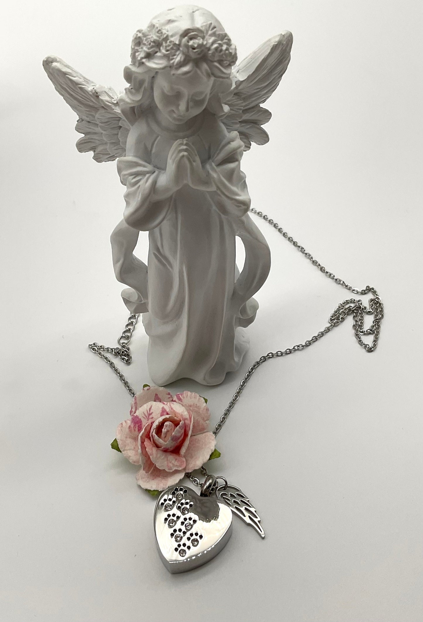 Heart Shaped Stainless Steel Ash Urn - Silver Heart with Rhinestones - Pet, Dog, Cat