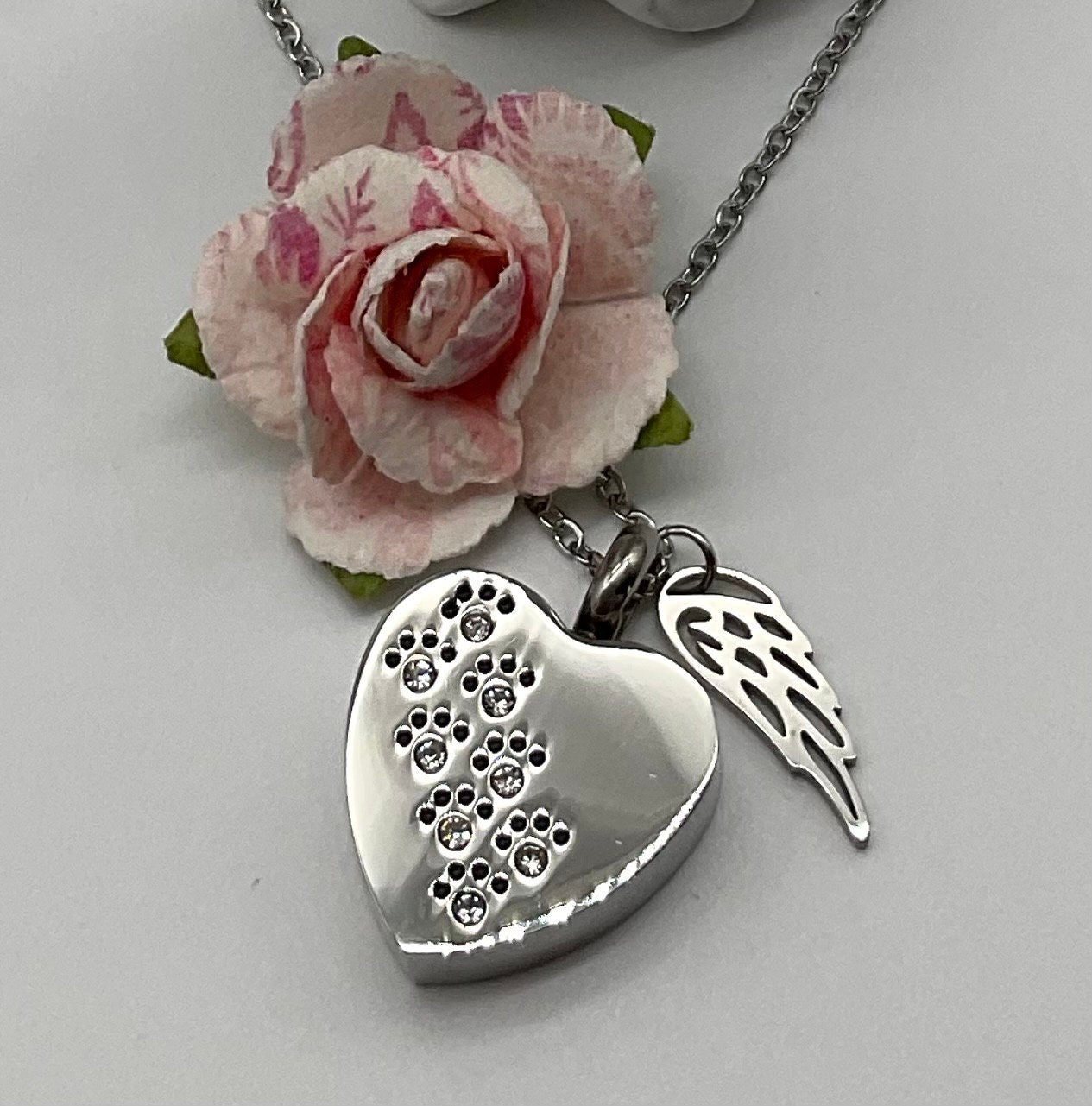 Heart Shaped Stainless Steel Ash Urn - Silver Heart with Rhinestones - Pet, Dog, Cat