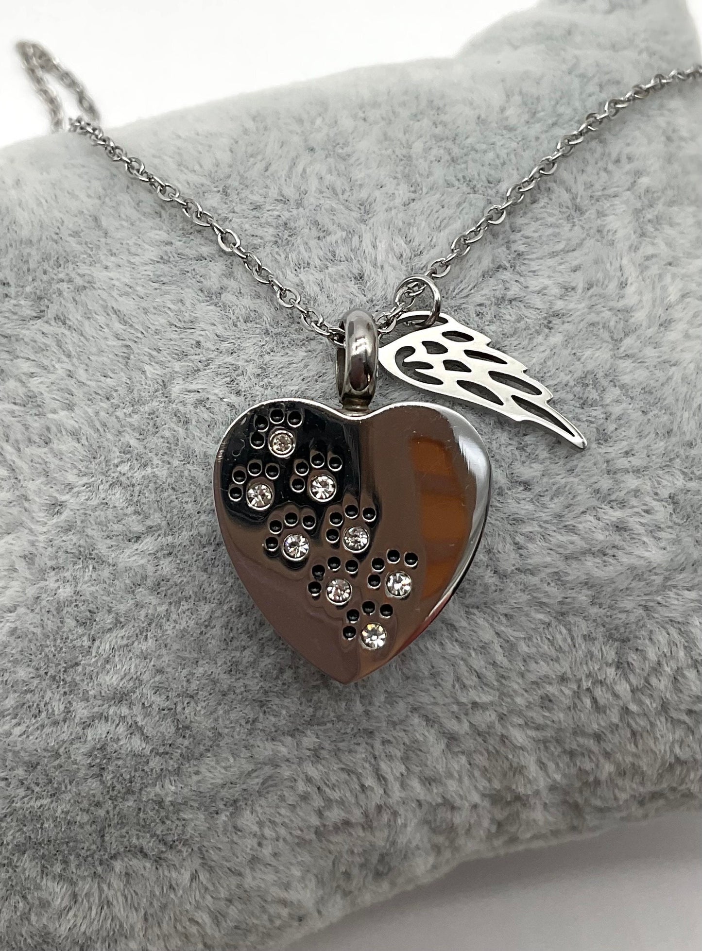 Heart Shaped Stainless Steel Ash Urn - Silver Heart with Rhinestones - Pet, Dog, Cat